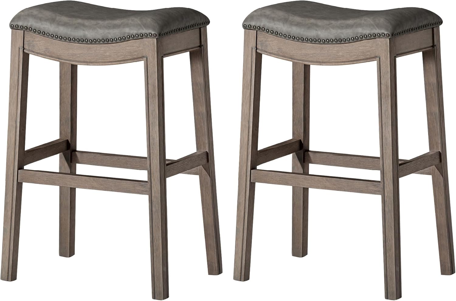 31" Adrien Saddle Bar Stool in Grey Finish with Grey Faux Leather (Set of 2) in Stools by Maven Lane