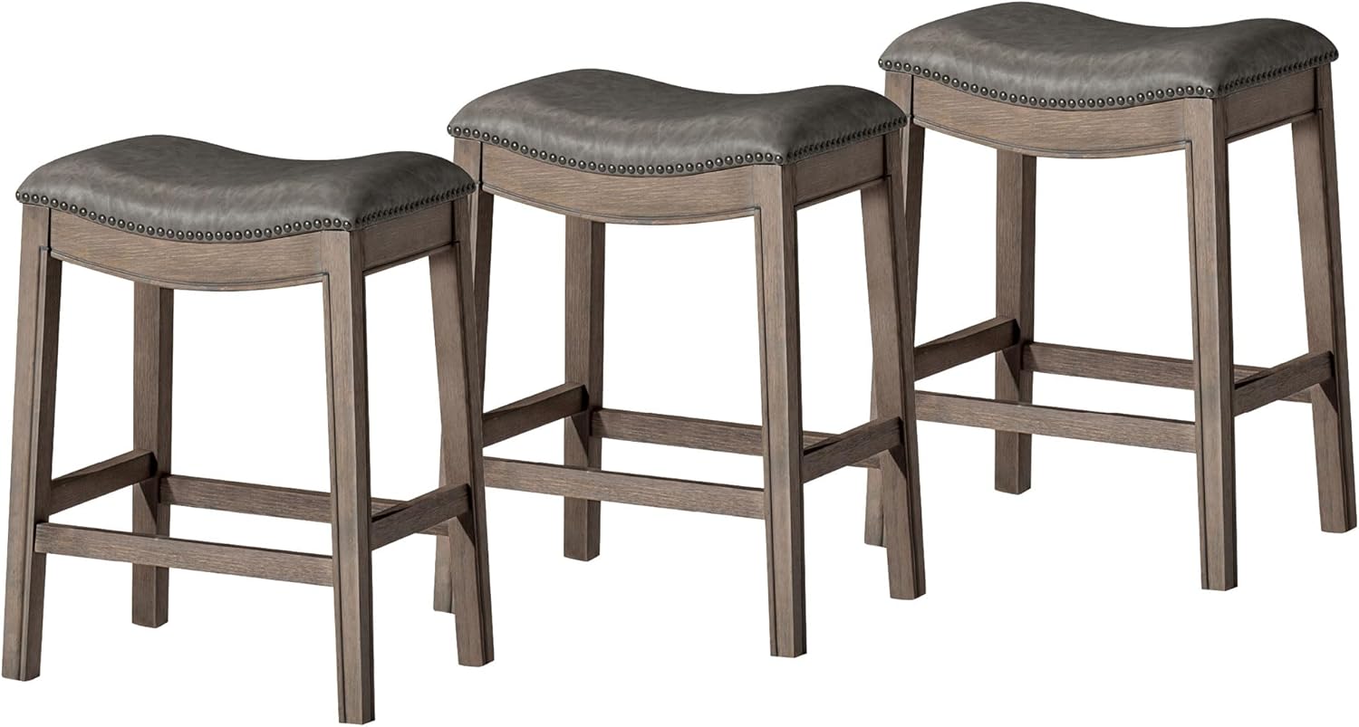 26" Adrien Saddle Counter Stool in Grey Finish with Grey Faux Leather (Set of 3) in Stools by Maven Lane