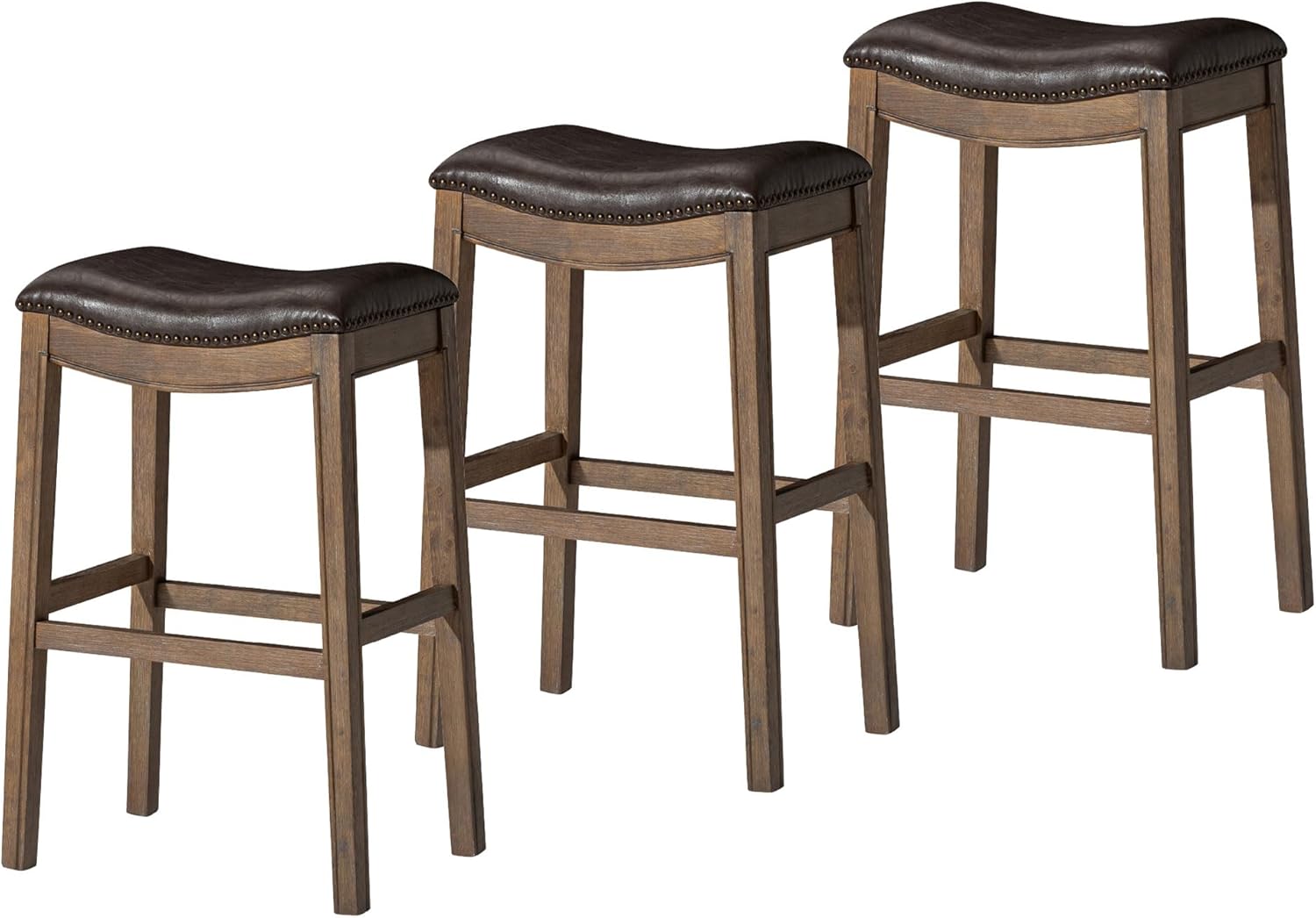 31" Adrien Saddle Bar Stool in Brown Finish with Dark Brown Faux Leather (Set of 3) in Stools by Maven Lane
