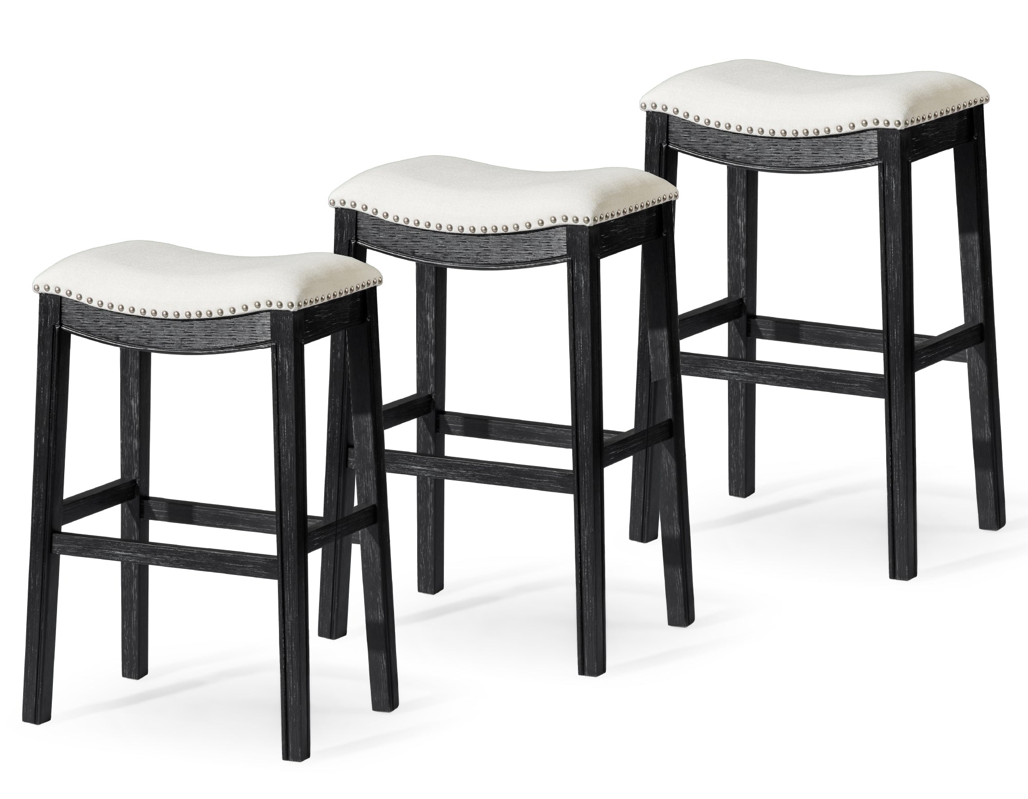 31" Adrien Saddle Bar Stool in Black Finish with White Fabric (Set of 3) in Stools by Maven Lane