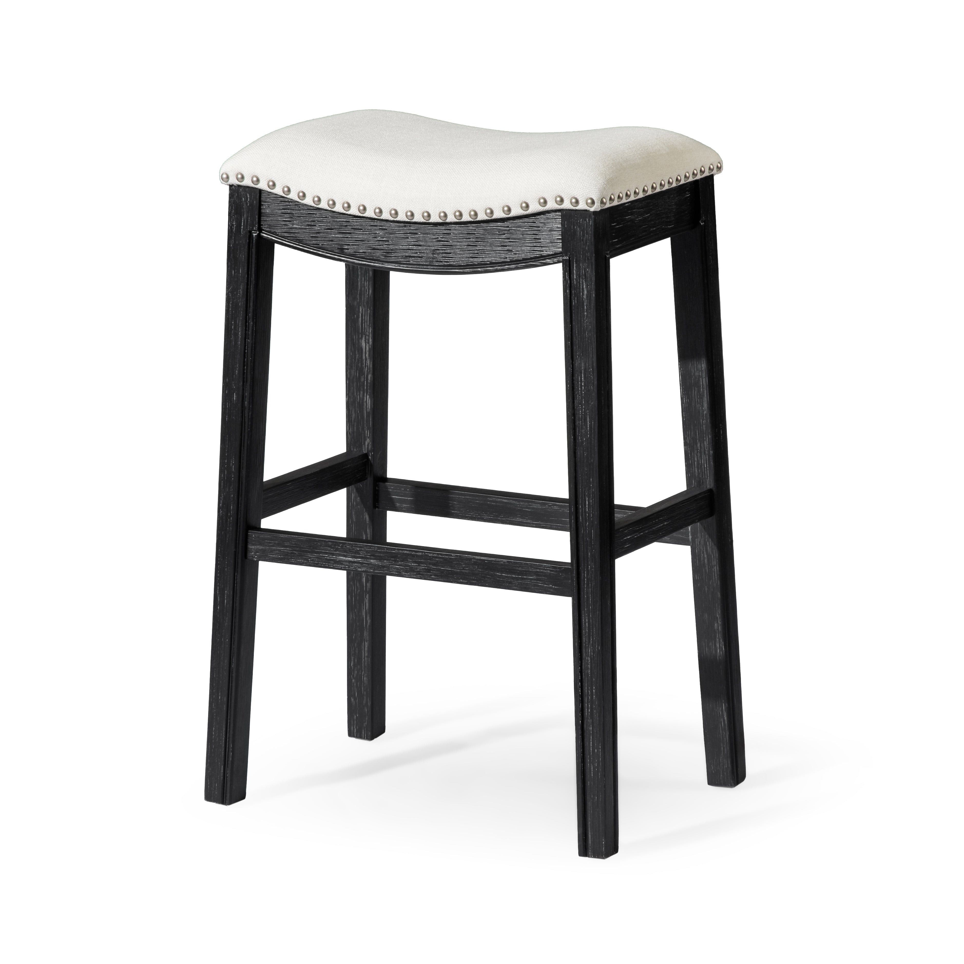 Adrien Saddle Bar Stool In Aged Black Finish With Snow White Fabric Upholstery in Stools by Maven Lane