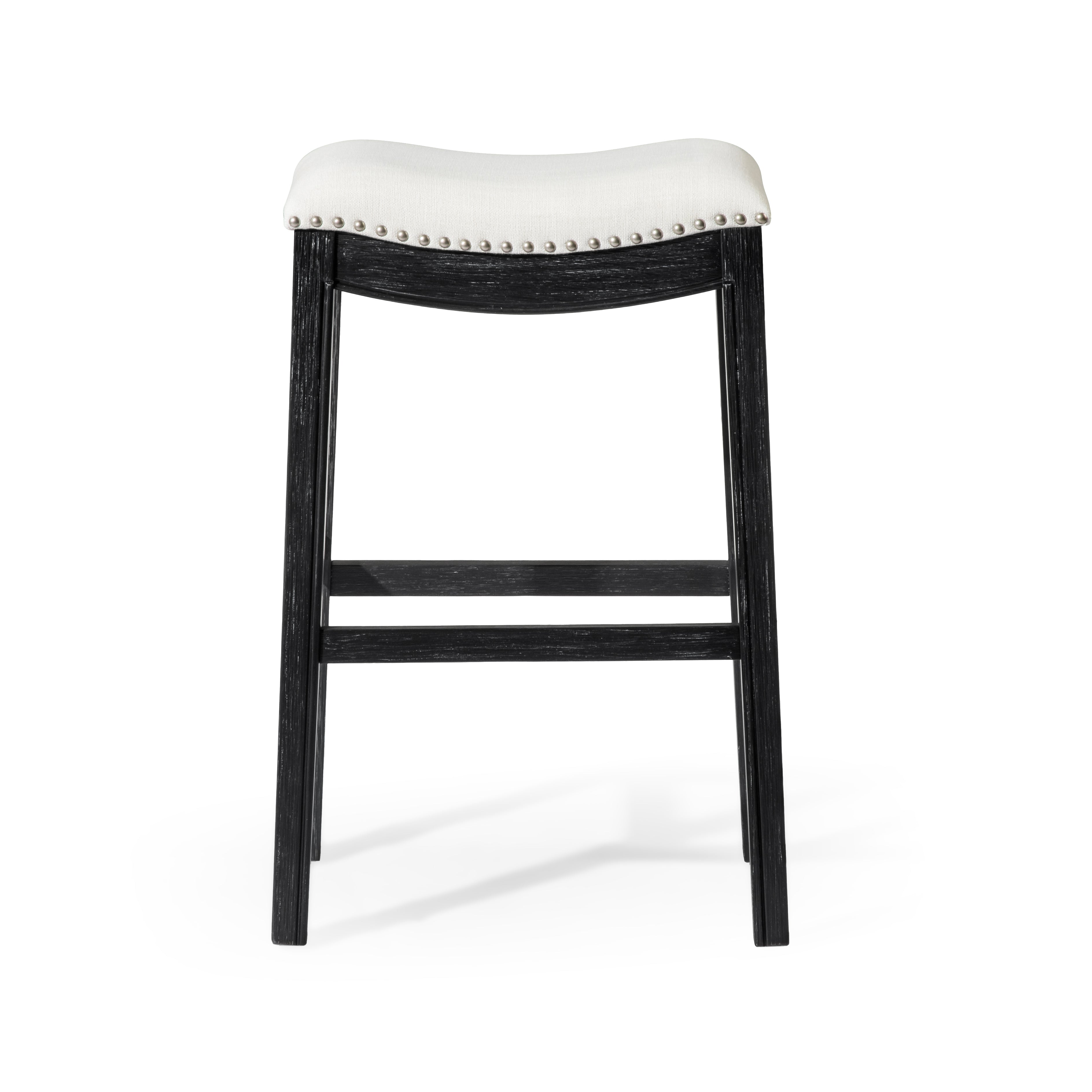 Adrien Saddle Bar Stool In Aged Black Finish With Snow White Fabric Upholstery in Stools by Maven Lane