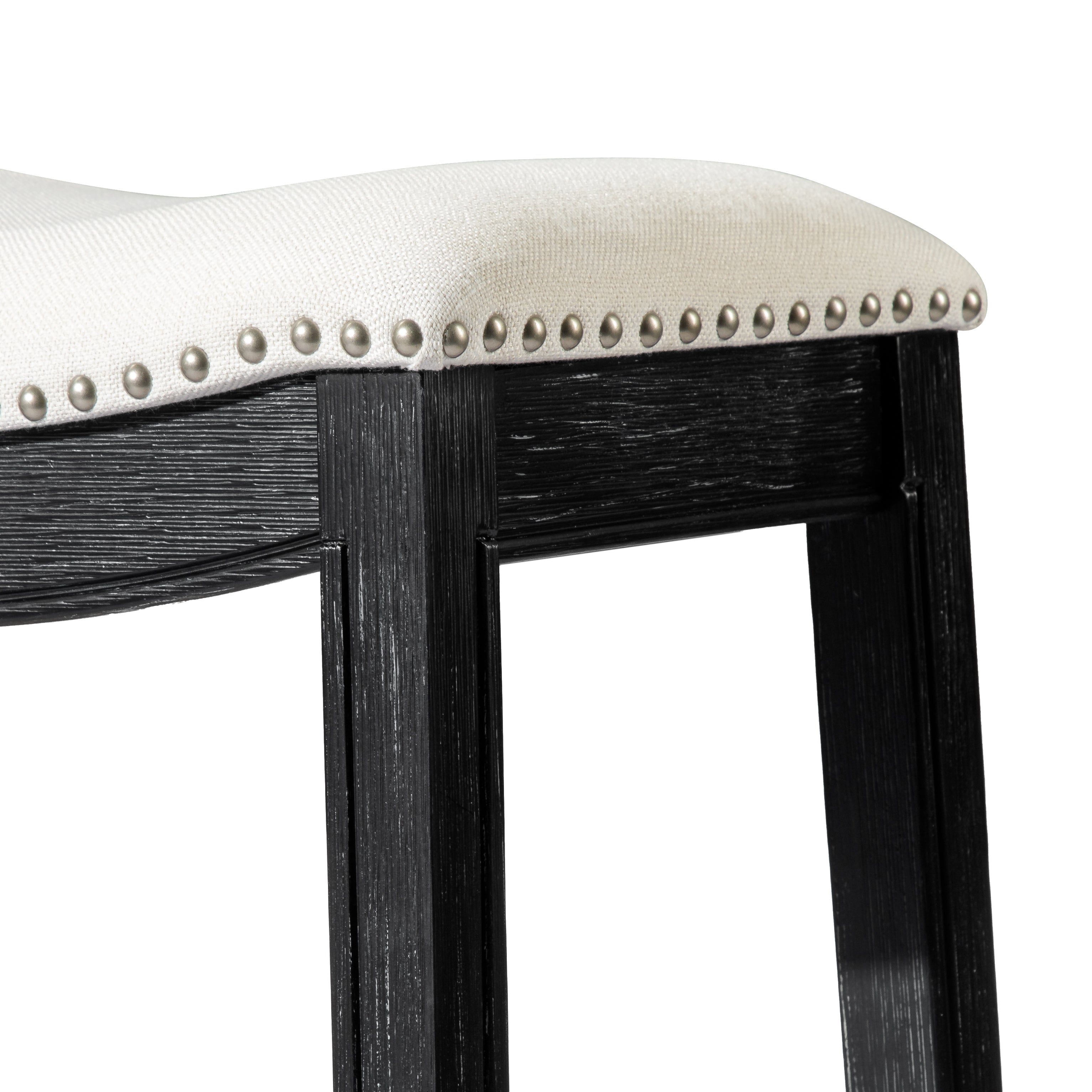 Adrien Saddle Bar Stool In Aged Black Finish With Snow White Fabric Upholstery in Stools by Maven Lane