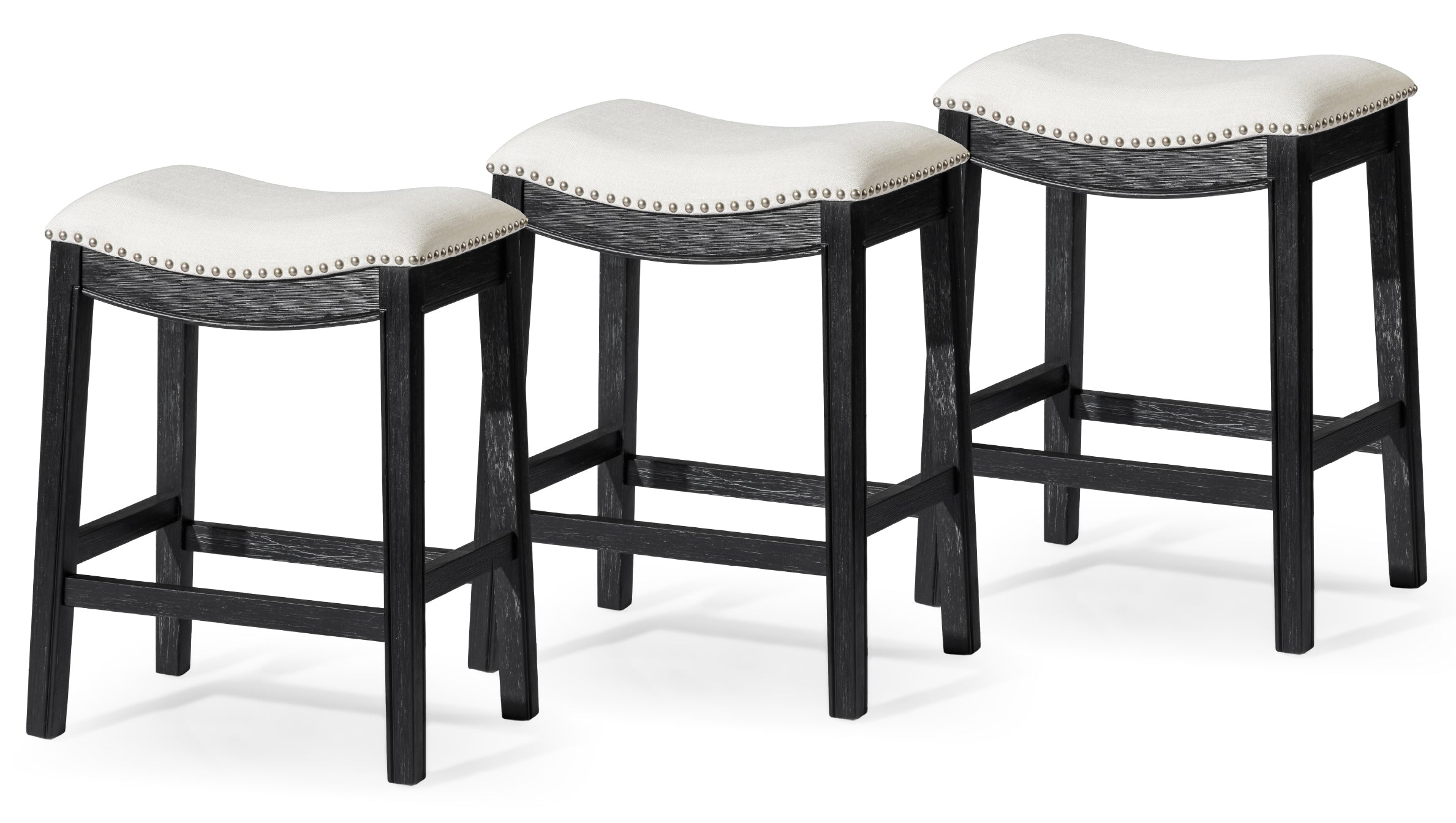 26" Adrien Saddle Counter Stool in Black Finish with White Fabric (Set of 3) in Stools by Maven Lane