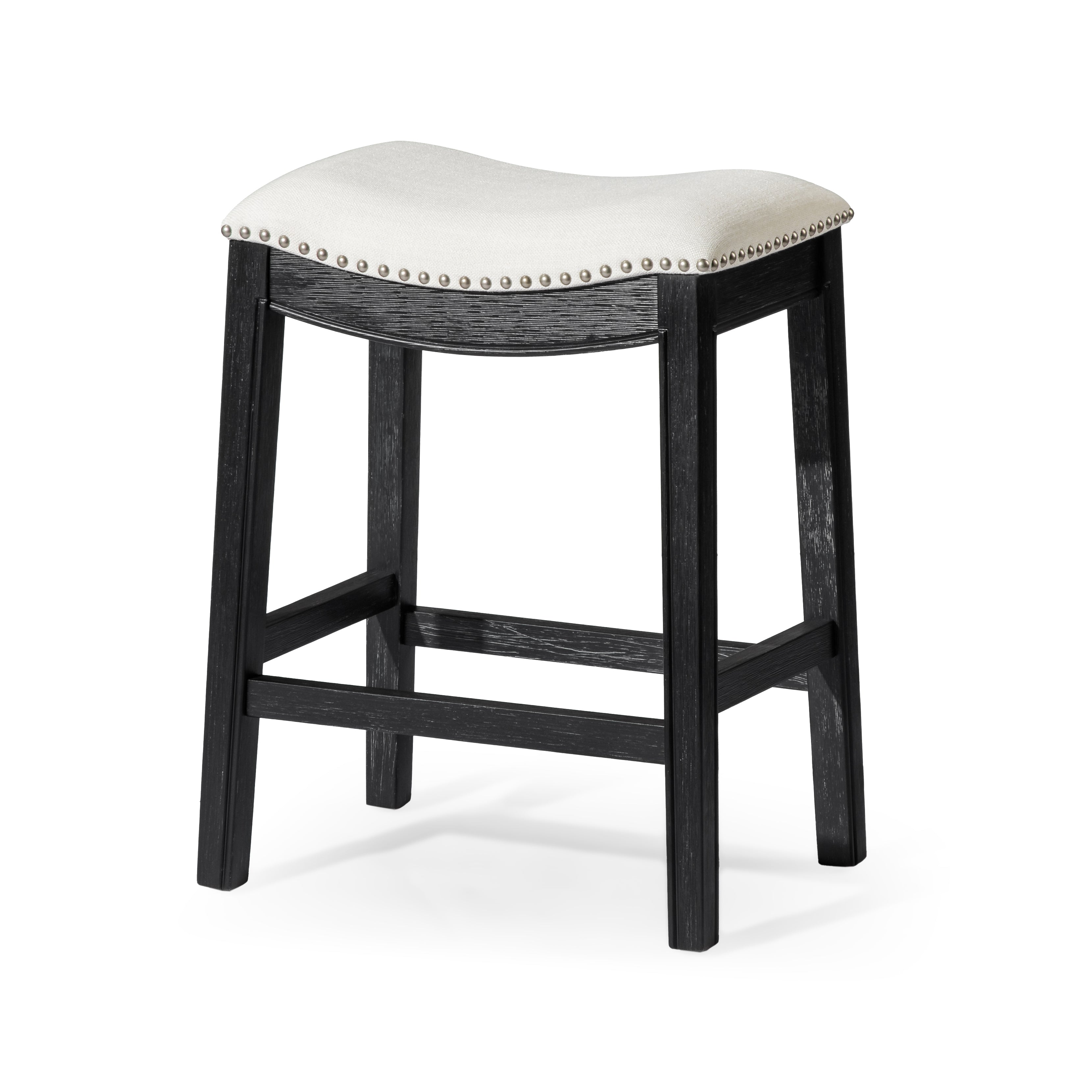 Adrien Saddle Counter Height Kitchen Stool - Aged Black Finish with Snow White Fabric Upholstery in Stools by Maven Lane