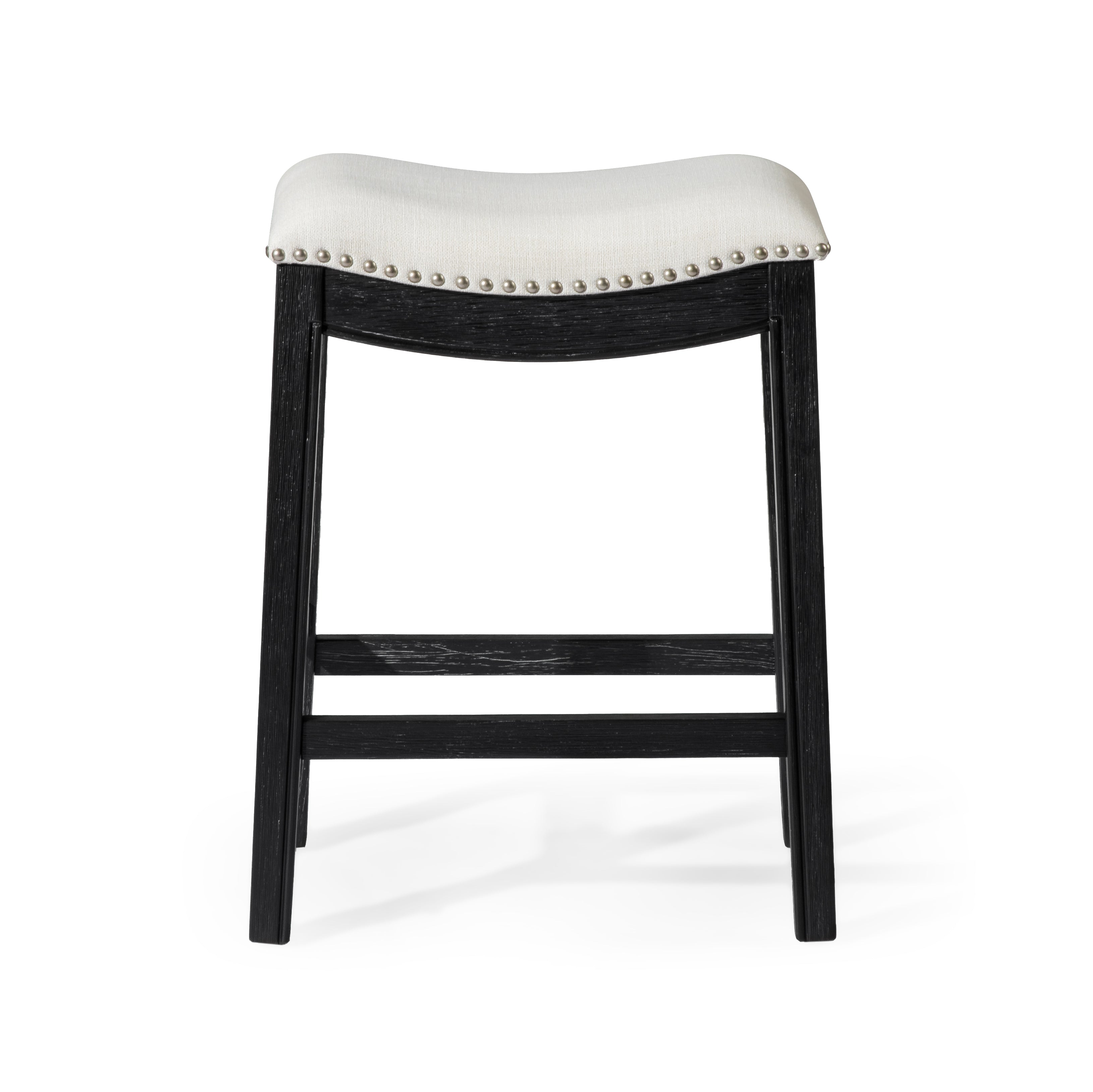 Adrien Saddle Counter Height Kitchen Stool - Aged Black Finish with Snow White Fabric Upholstery in Stools by Maven Lane