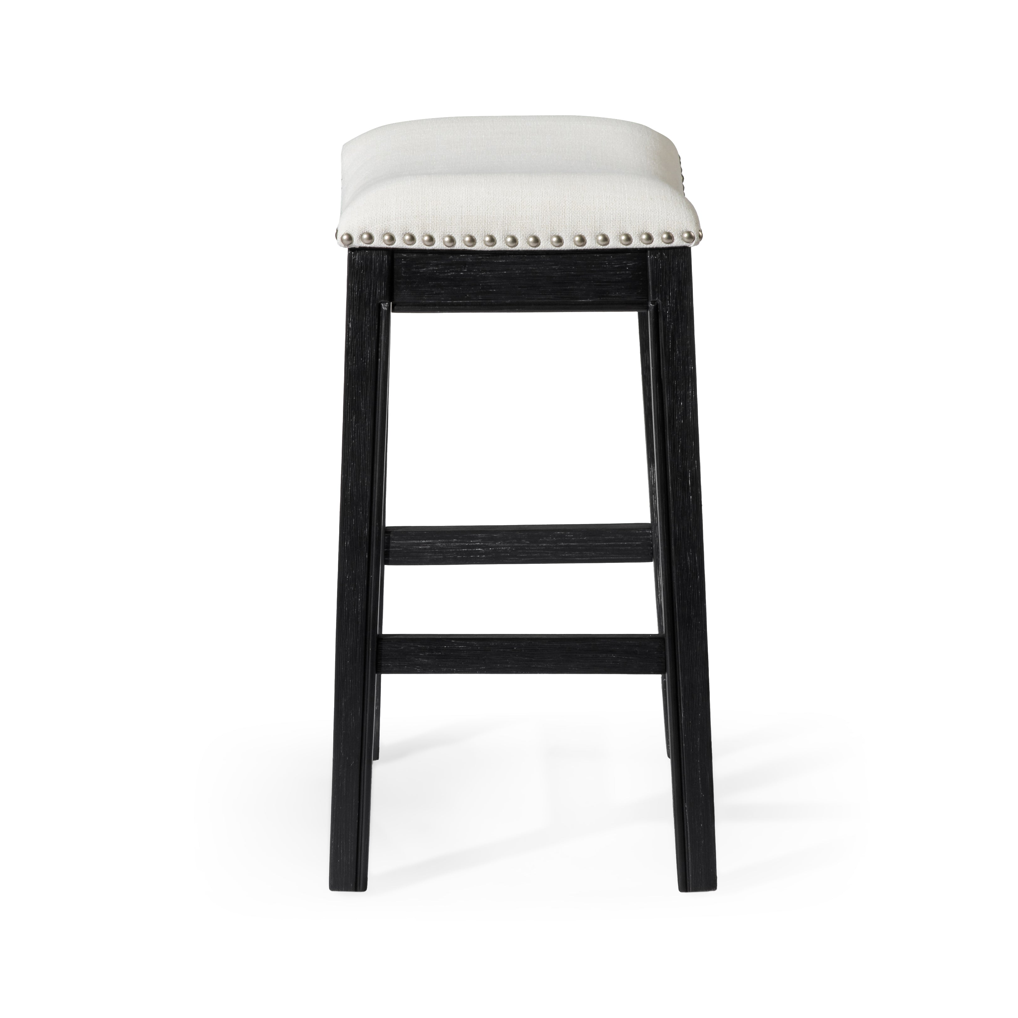 Adrien Saddle Counter Height Kitchen Stool - Aged Black Finish with Snow White Fabric Upholstery in Stools by Maven Lane