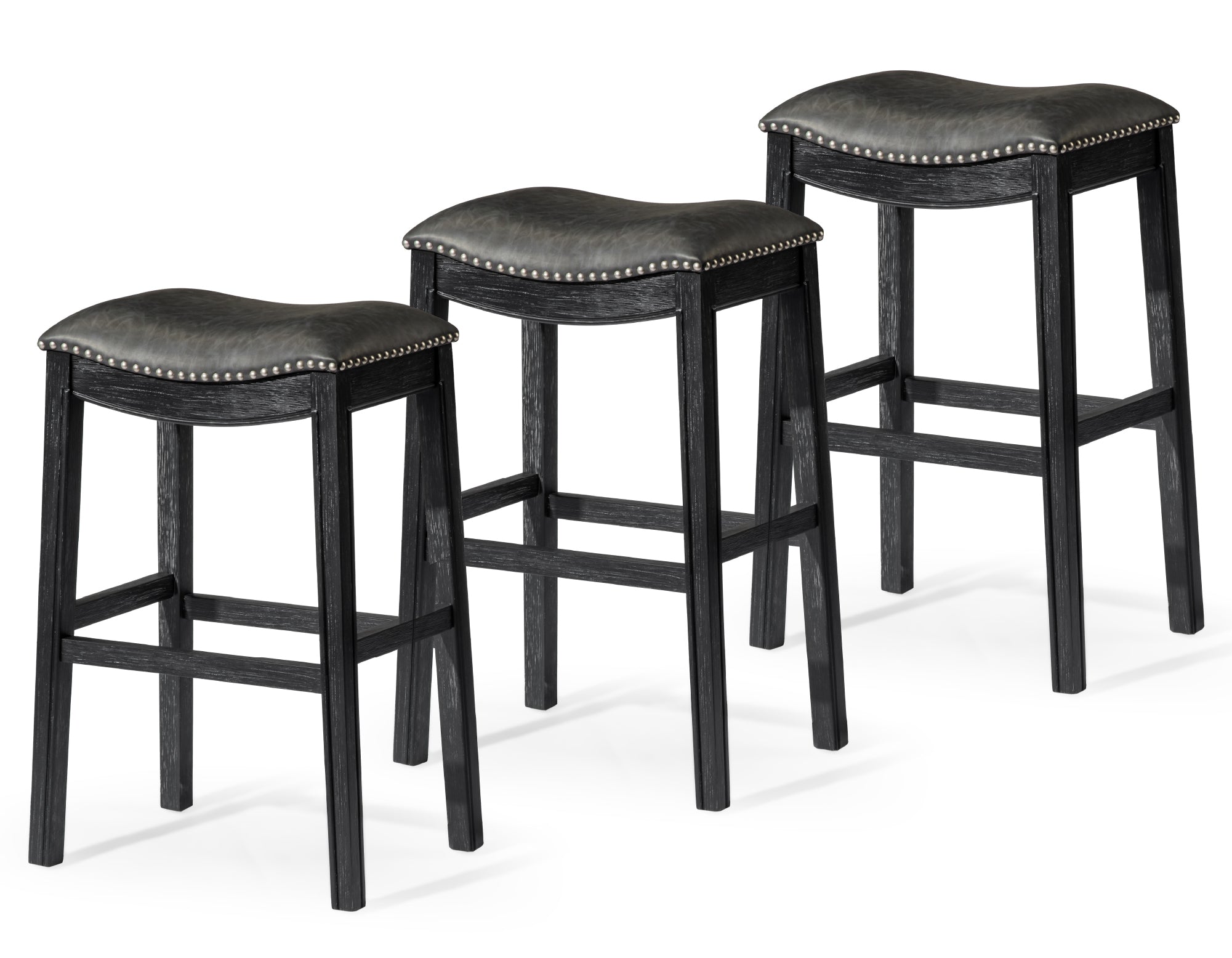 31" Adrien Saddle Bar Stool in Black Finish with Dark Grey Faux Leather (Set of 3) in Stools by Maven Lane