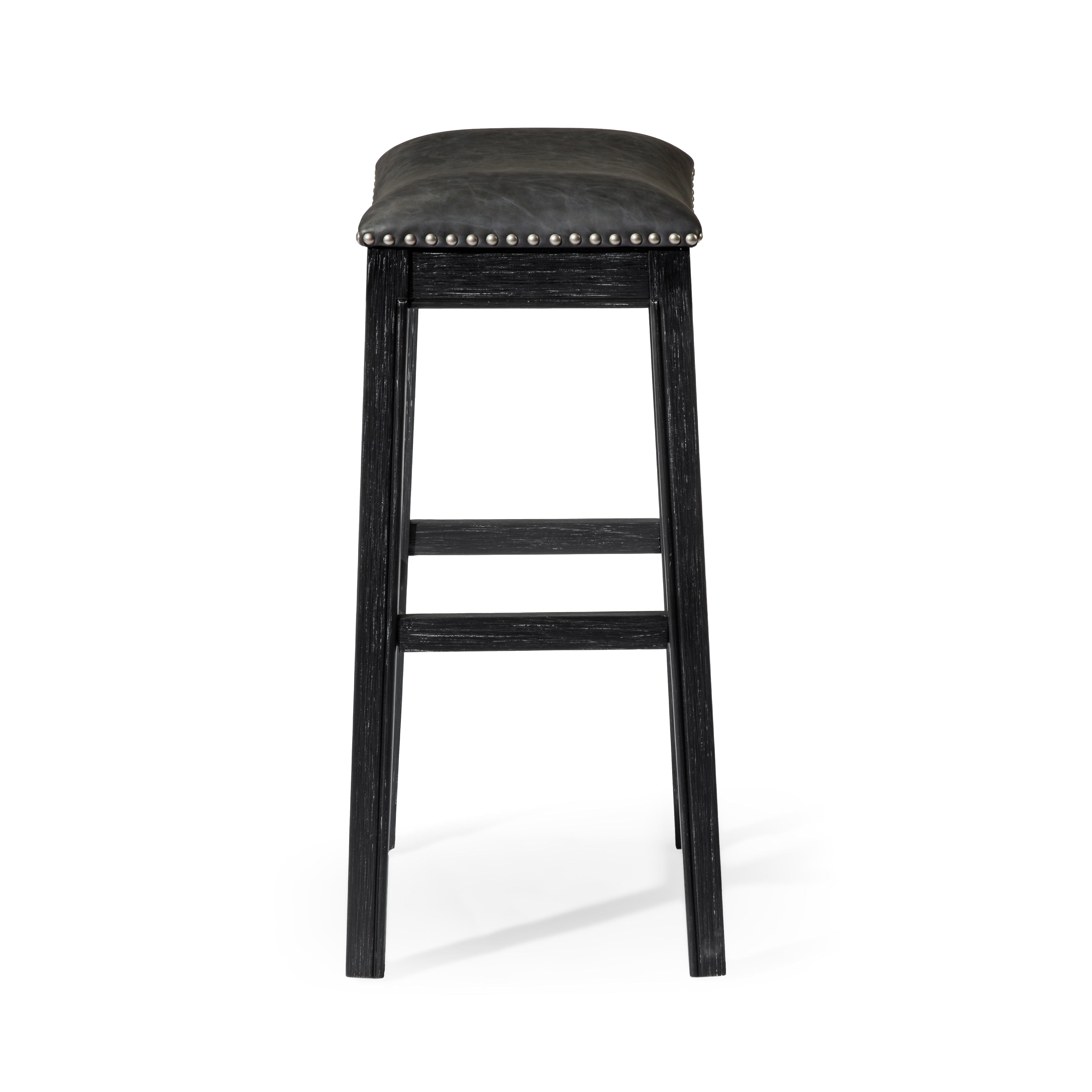 Adrien Saddle Bar Stool In Aged Black Finish With Charcoal Black Vegan Leather in Stools by Maven Lane