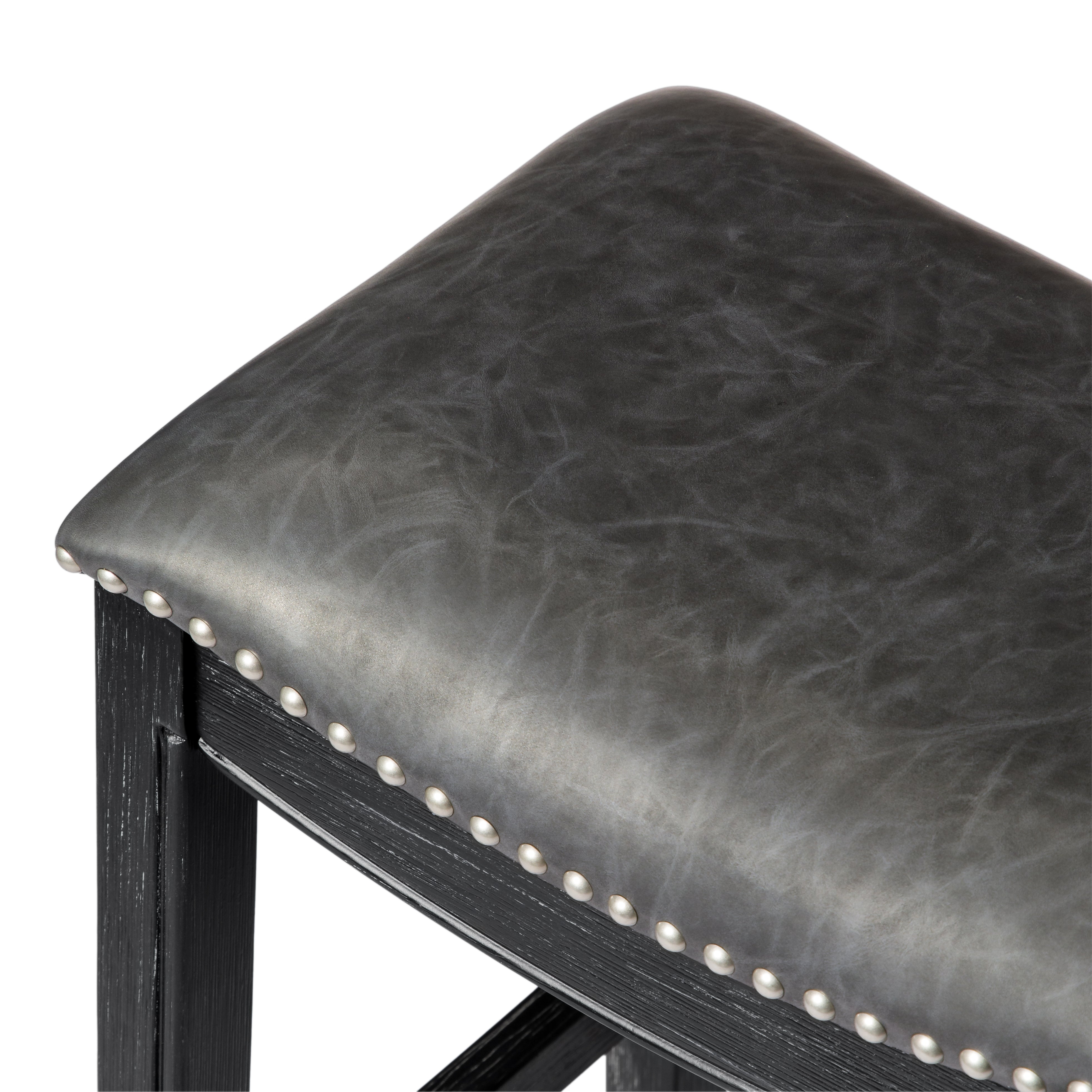 Adrien Saddle Bar Stool In Aged Black Finish With Charcoal Black Vegan Leather in Stools by Maven Lane