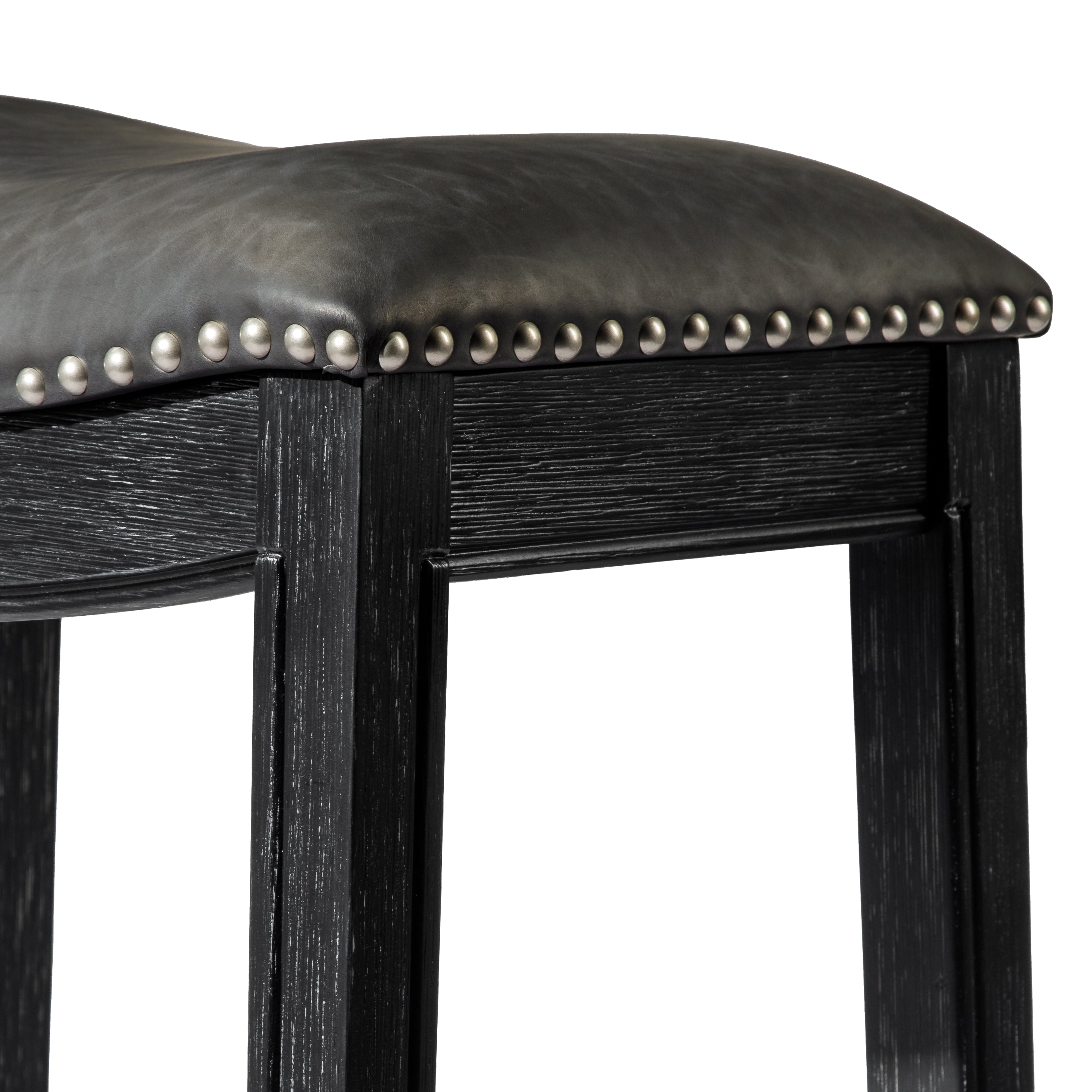 Adrien Saddle Bar Stool In Aged Black Finish With Charcoal Black Vegan Leather in Stools by Maven Lane