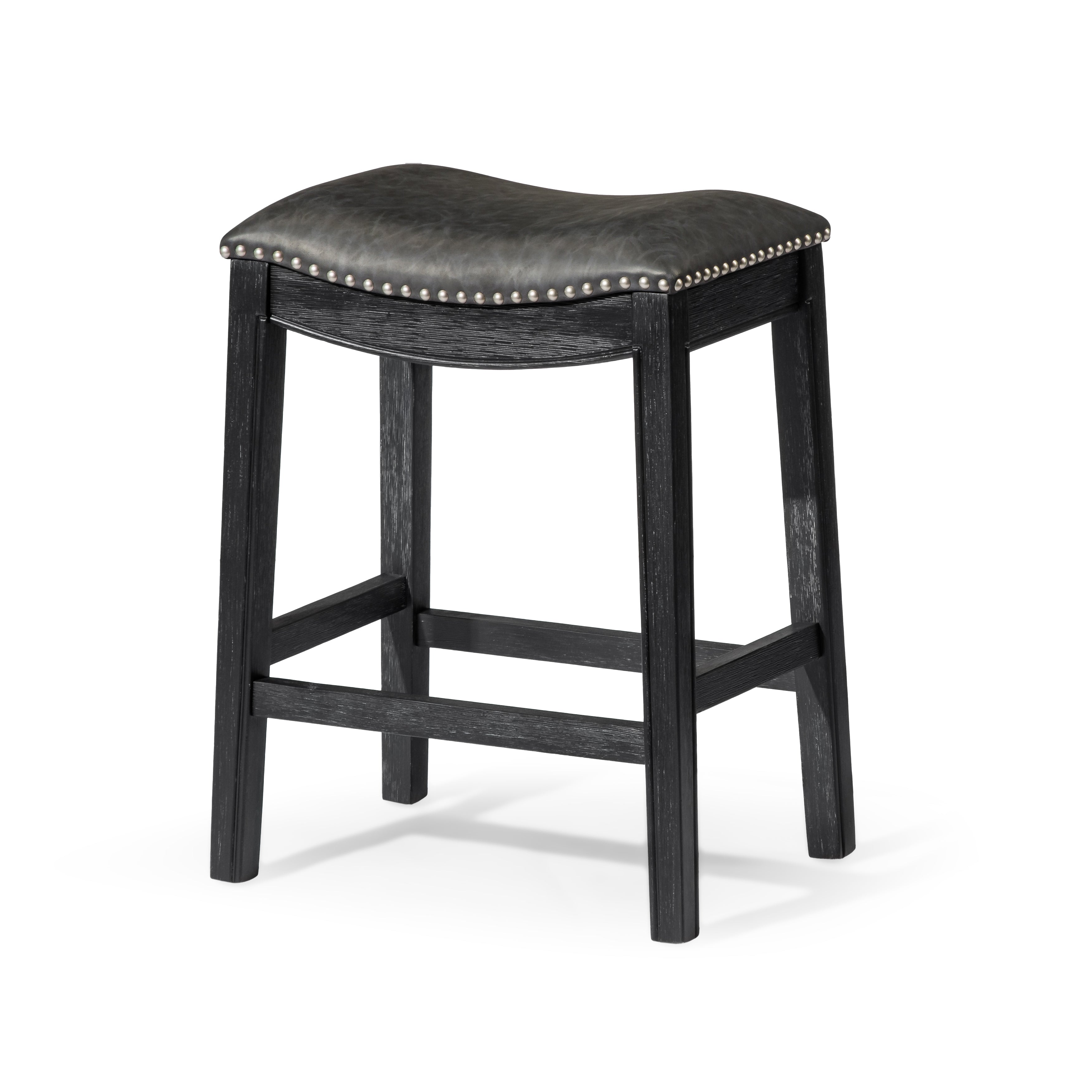 Adrien Saddle Counter Height Kitchen Stool - Aged Black Finish With Charcoal Black Vegan Leather in Stools by Maven Lane