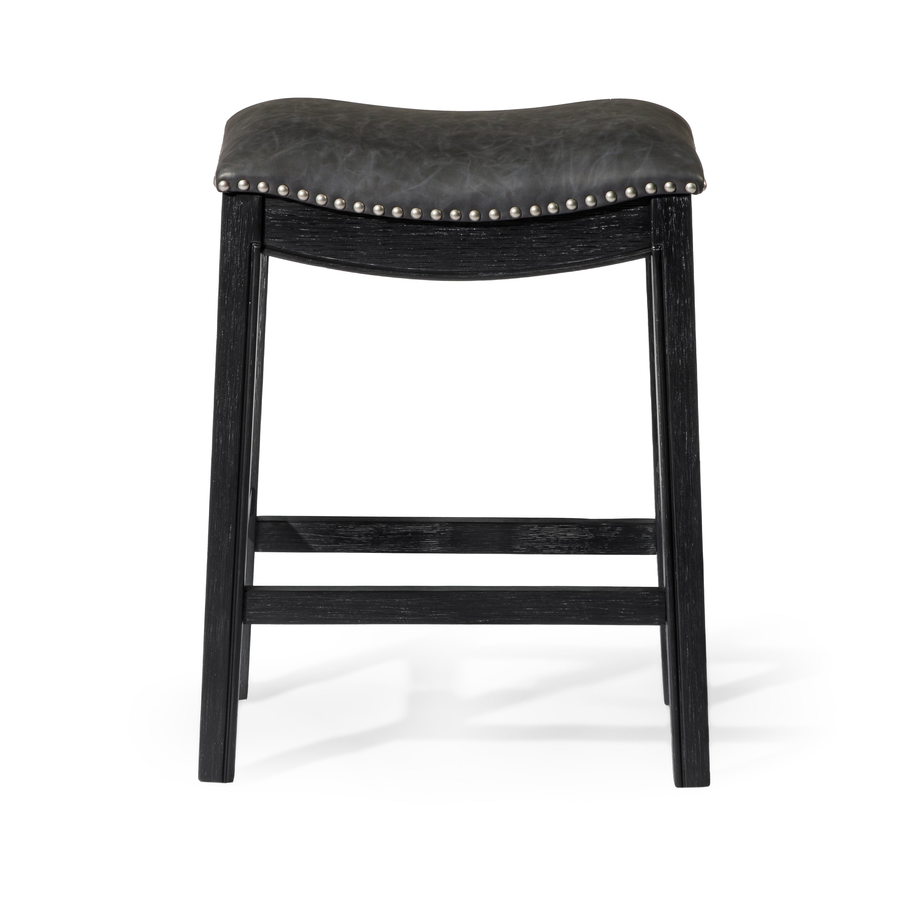 Adrien Saddle Counter Height Kitchen Stool - Aged Black Finish With Charcoal Black Vegan Leather in Stools by Maven Lane