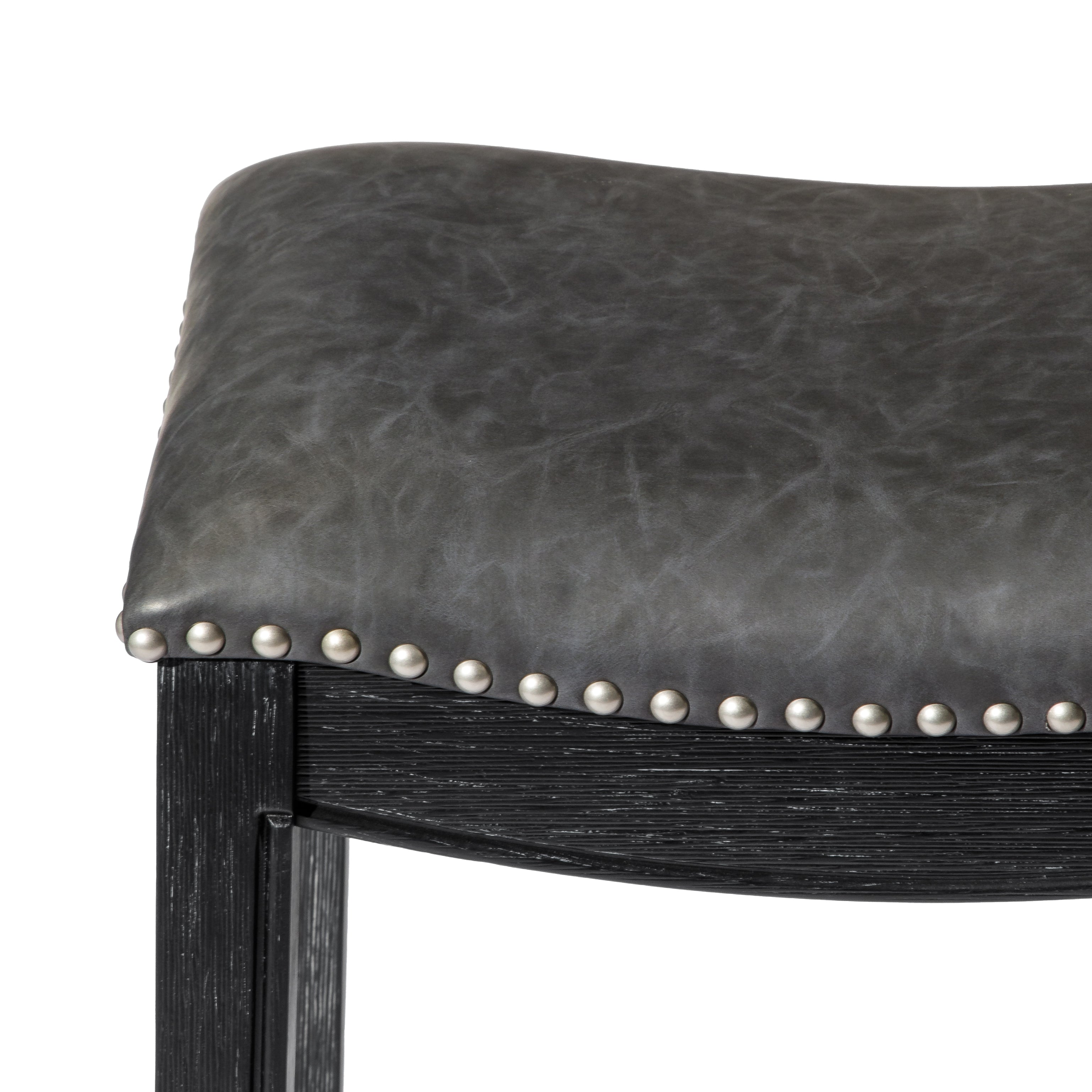 Adrien Saddle Counter Height Kitchen Stool - Aged Black Finish With Charcoal Black Vegan Leather in Stools by Maven Lane