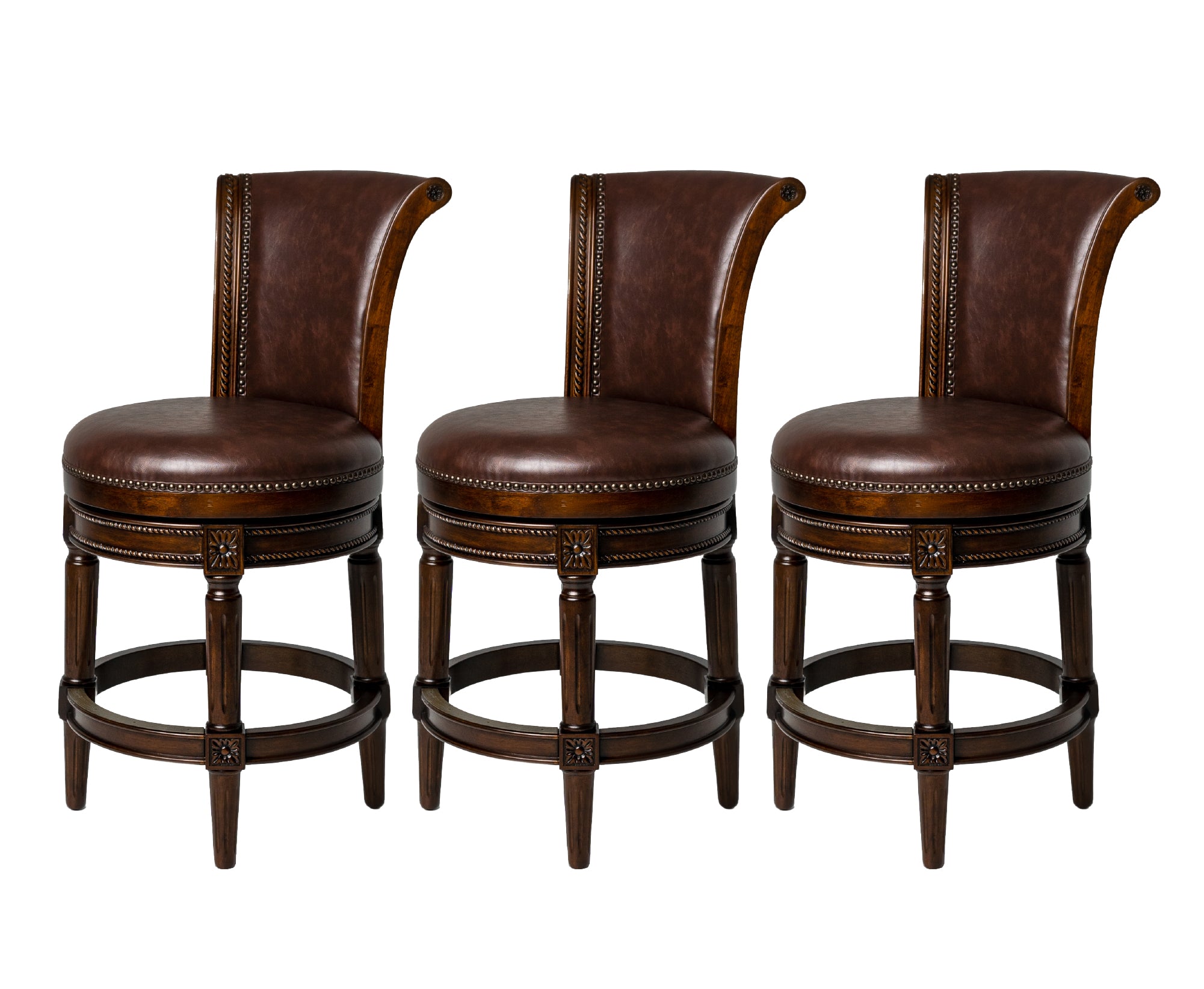 26" Pullman Counter Stool in Dark Brown Finish with Brown Faux Leather (Set of 3) in Stools by Maven Lane