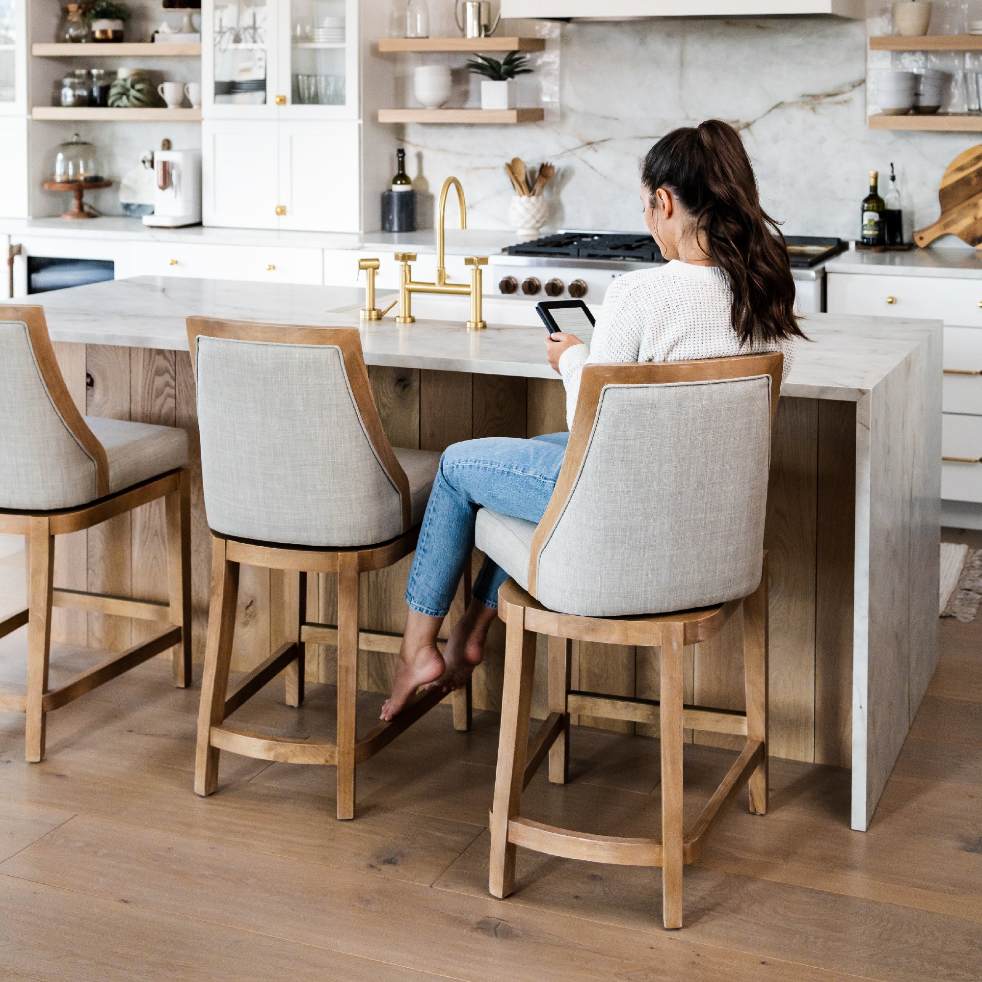 26" Vienna Swivel Counter Stool in Natural Finish with Light Grey Fabric Upholstery in Stools by Maven Lane