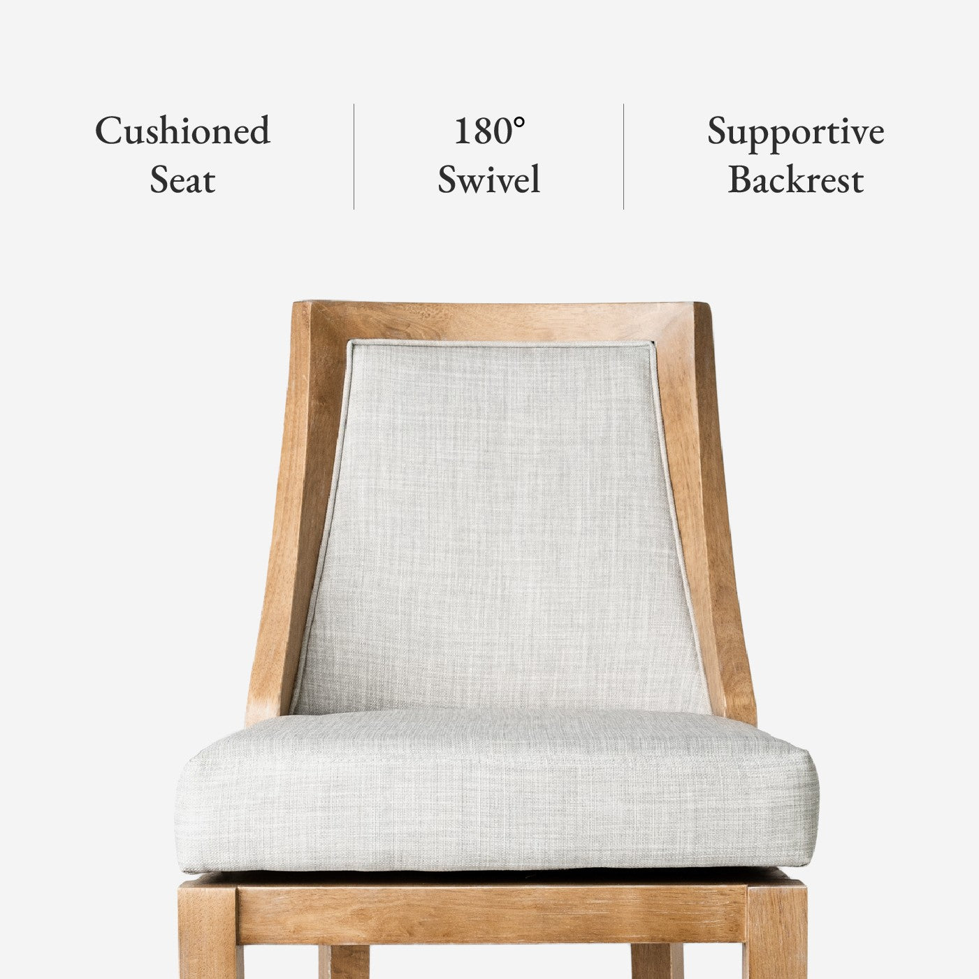 26" Vienna Swivel Counter Stool in Natural Finish with Light Grey Fabric Upholstery in Stools by Maven Lane