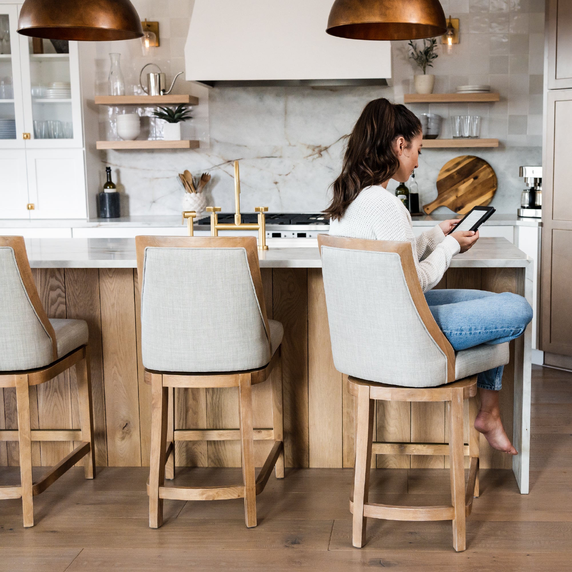 26" Vienna Swivel Counter Stool in Natural Finish with Light Grey Fabric Upholstery in Stools by Maven Lane