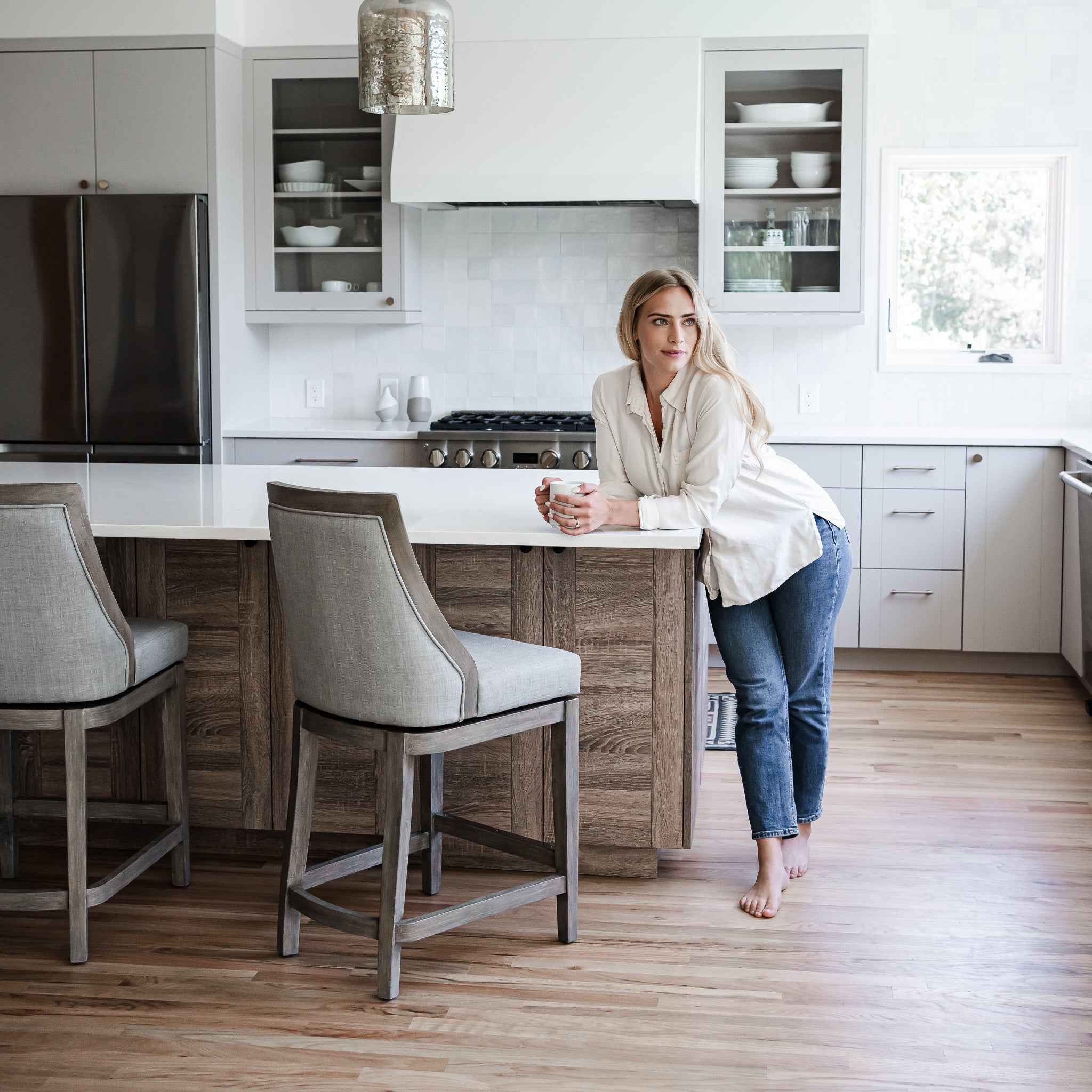 Vienna Counter Stool in Reclaimed Oak Finish with Ash Grey Fabric Upholstery in Stools by VMI