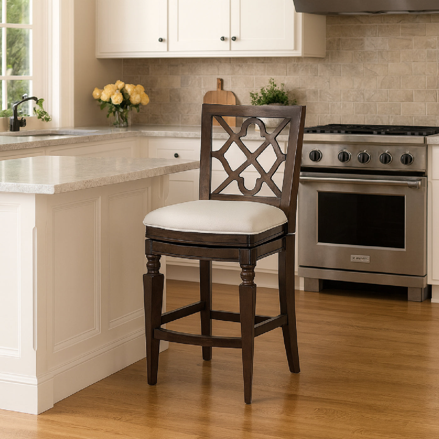 Highland Counter Stool in Brown Finish and Beige Fabric in by Maven Lane