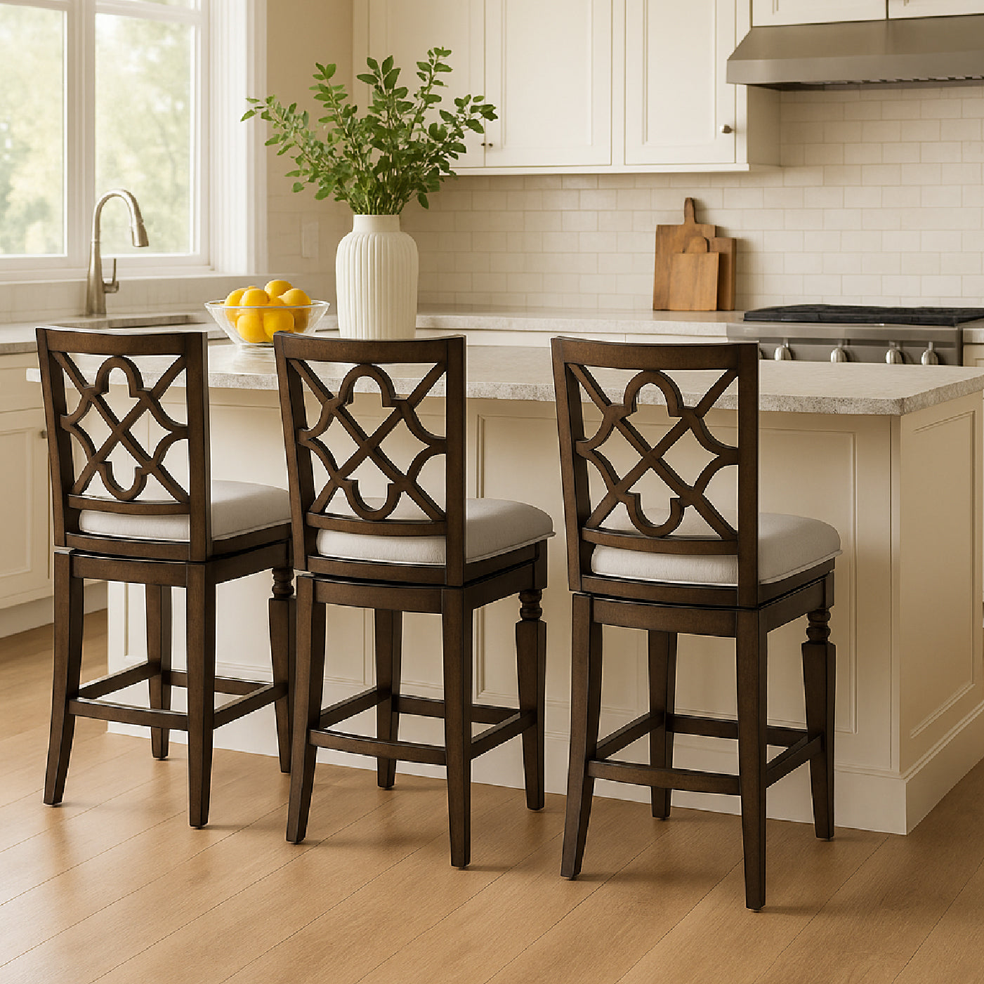 26" Highland Counter Stool in Brown Finish and Beige Fabric in by Maven Lane