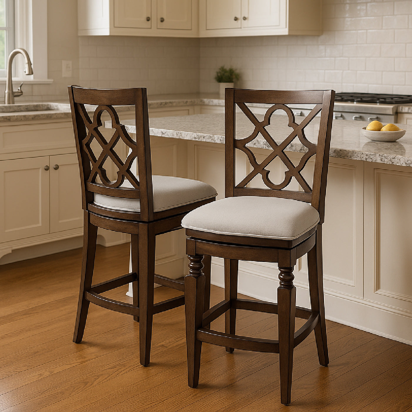 26" Highland Counter Stool in Brown Finish and Beige Fabric in by Maven Lane