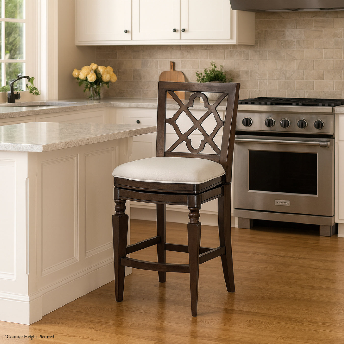 31" Highland Bar Stool in Brown Finish and Beige Fabric in by Maven Lane