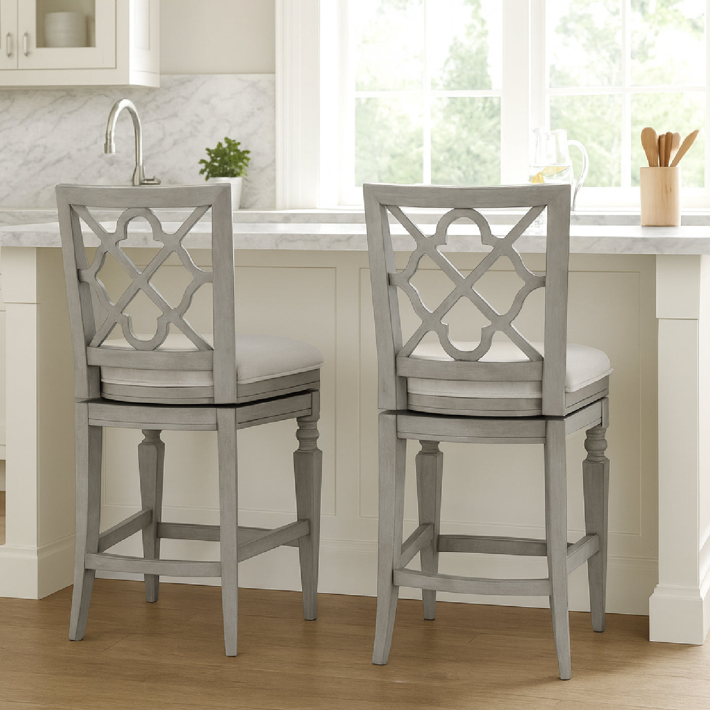 Highland Counter Stool in Grey Finish and Beige Fabric in by Maven Lane