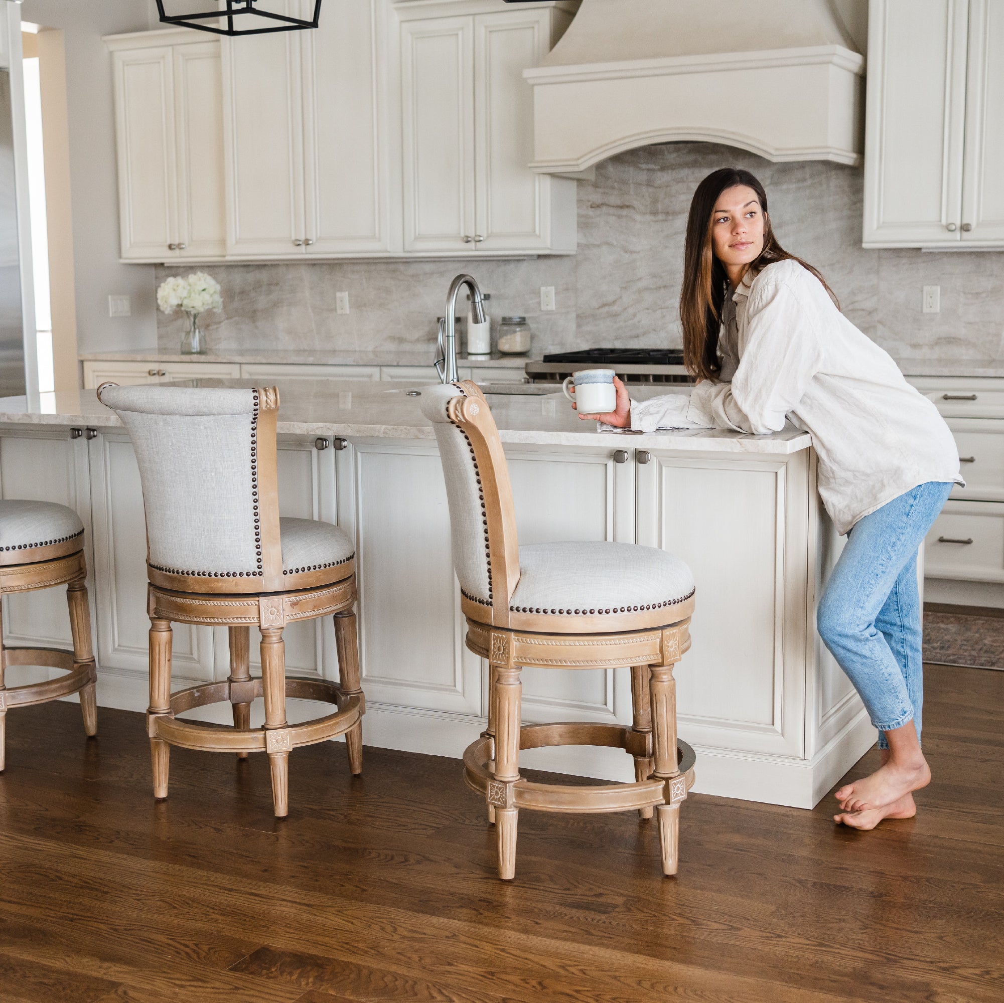 26" Pullman Counter Stool in Natural Finish with Light Grey Fabric Upholstery in Stools by Maven Lane