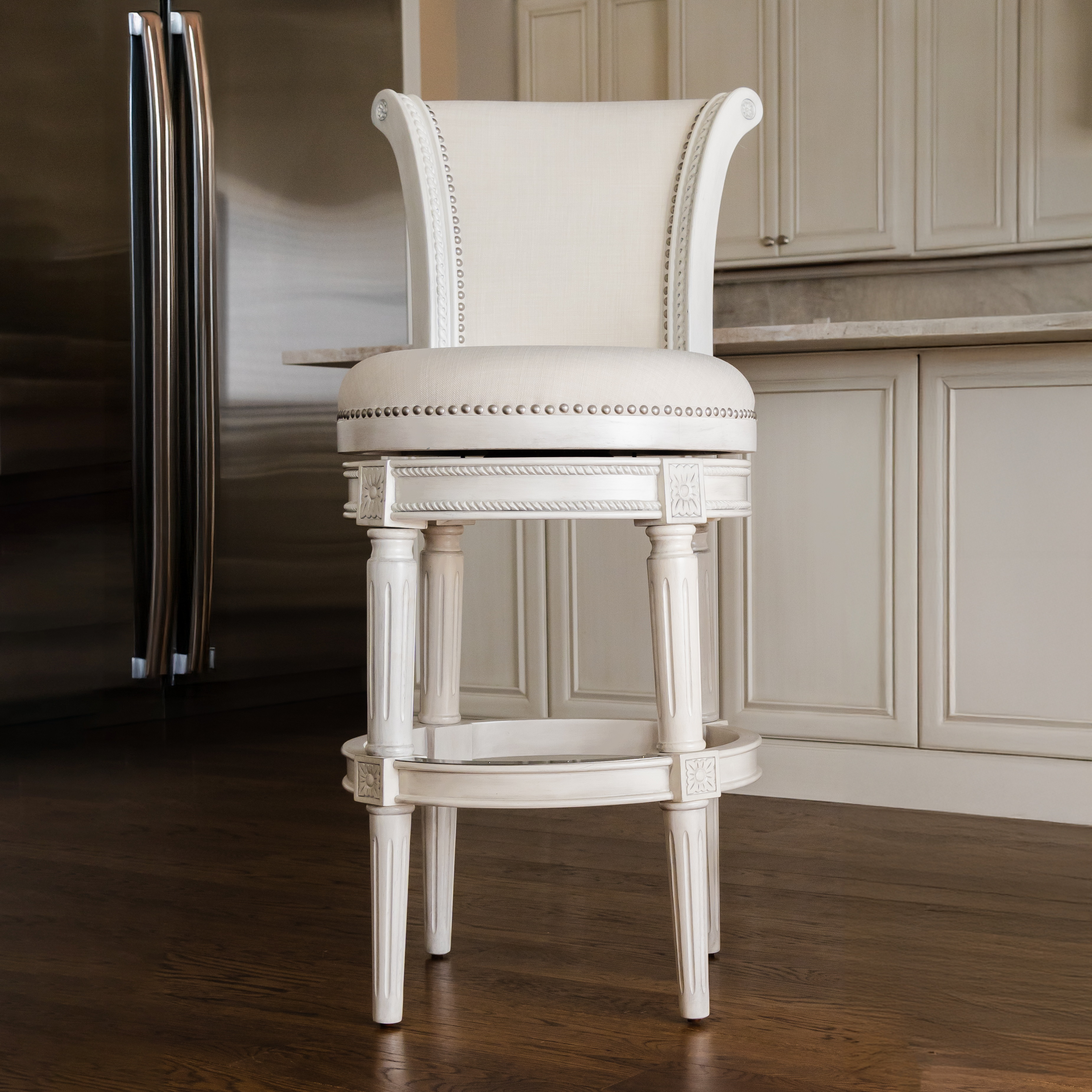 Pullman Swivel Bar Stool In White Oak Finish With Natural Fabric Upholstery in Stools by Maven Lane