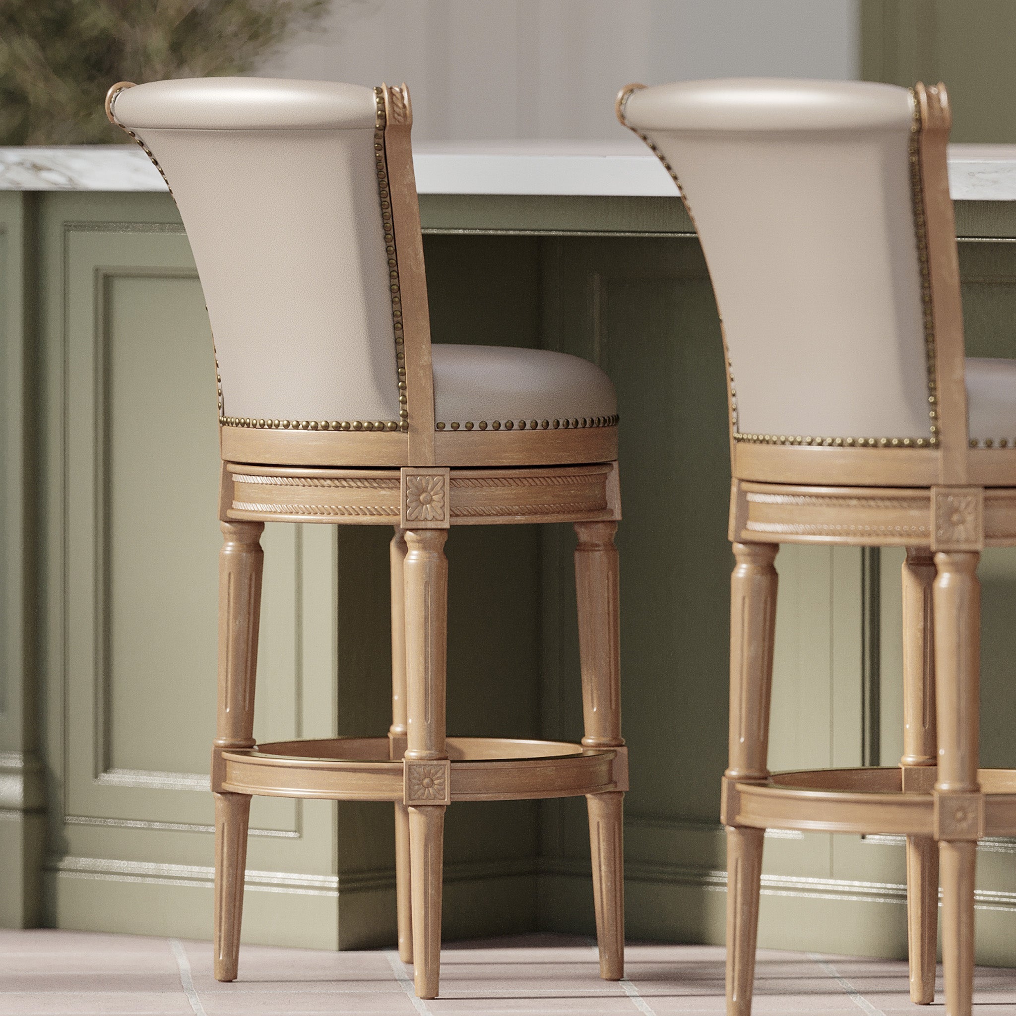 31" Pullman Bar Stool in Weathered Oak Finish with Avanti Bone Vegan Leather in Stools by Maven Lane