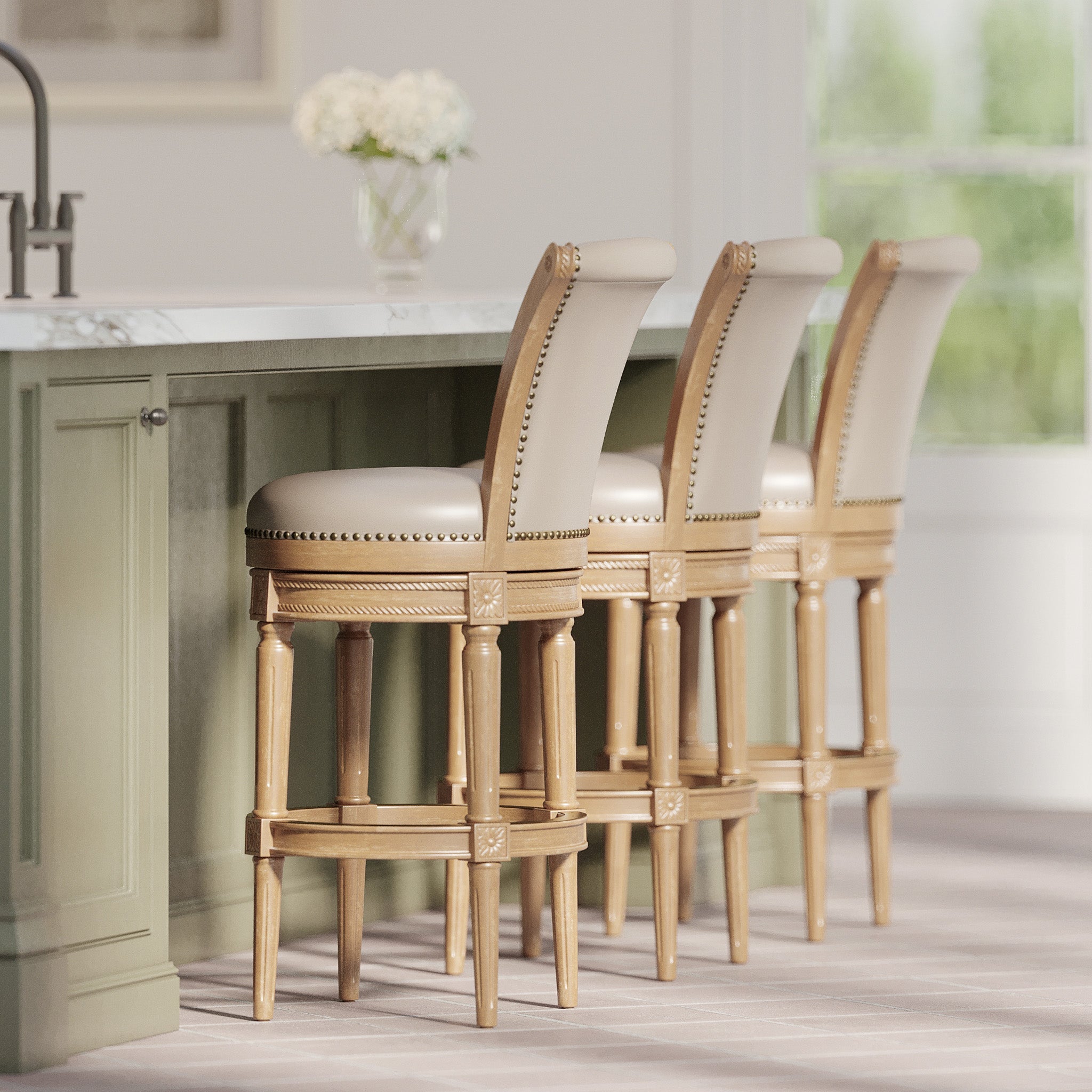 31" Pullman Bar Stool in Weathered Oak Finish with Avanti Bone Vegan Leather in Stools by Maven Lane