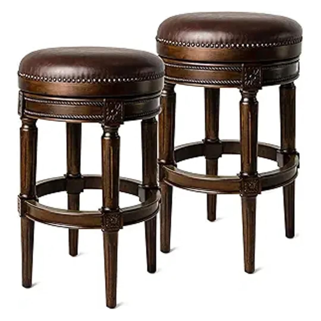 31" Pullman Backless Bar Stool in Dark Brown Finish with Brown Faux Leather (Set of 2) in Stools by Maven Lane