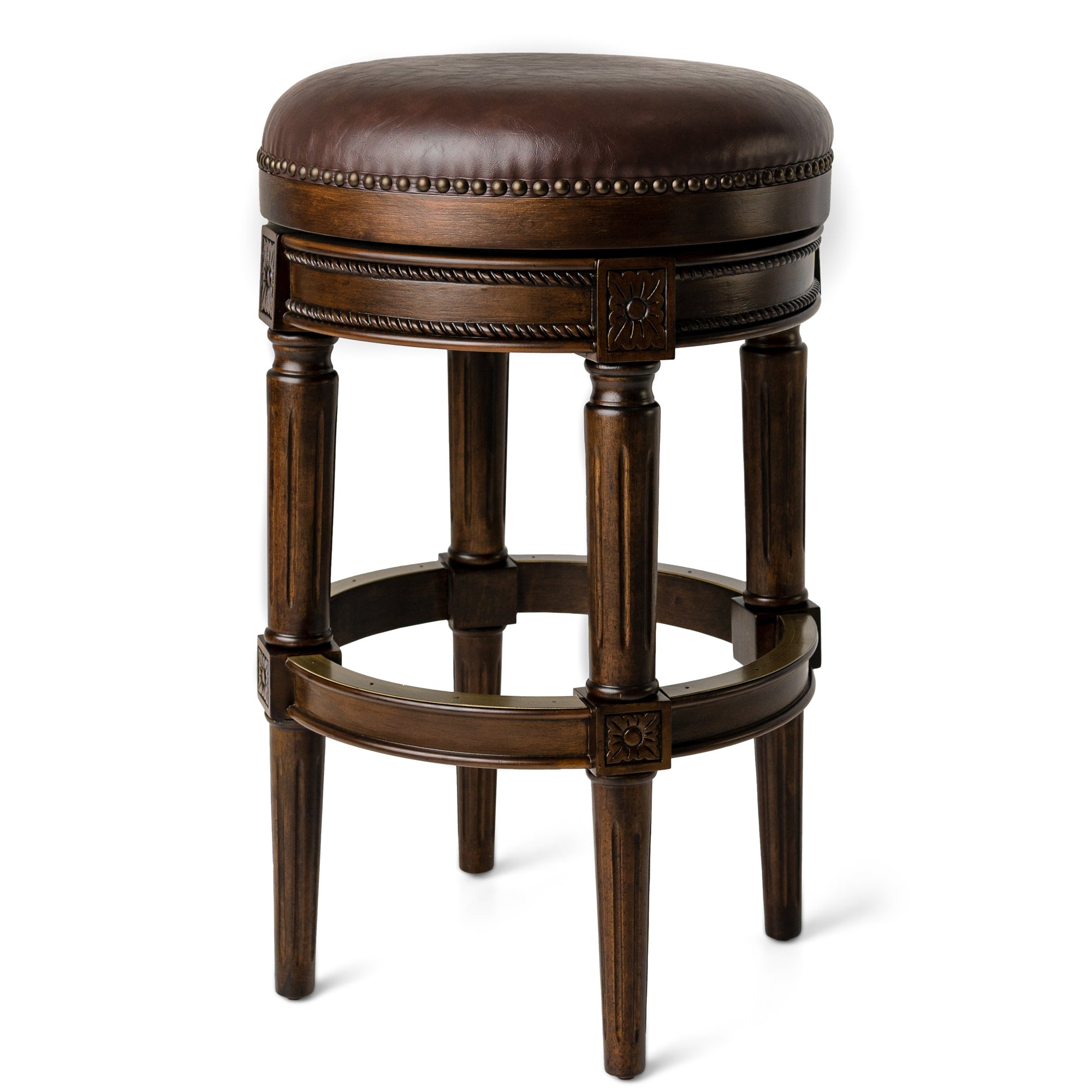 31" Pullman Backless Bar Stool in Dark Walnut Finish with Vintage Brown Vegan Leather in Stools by Maven Lane