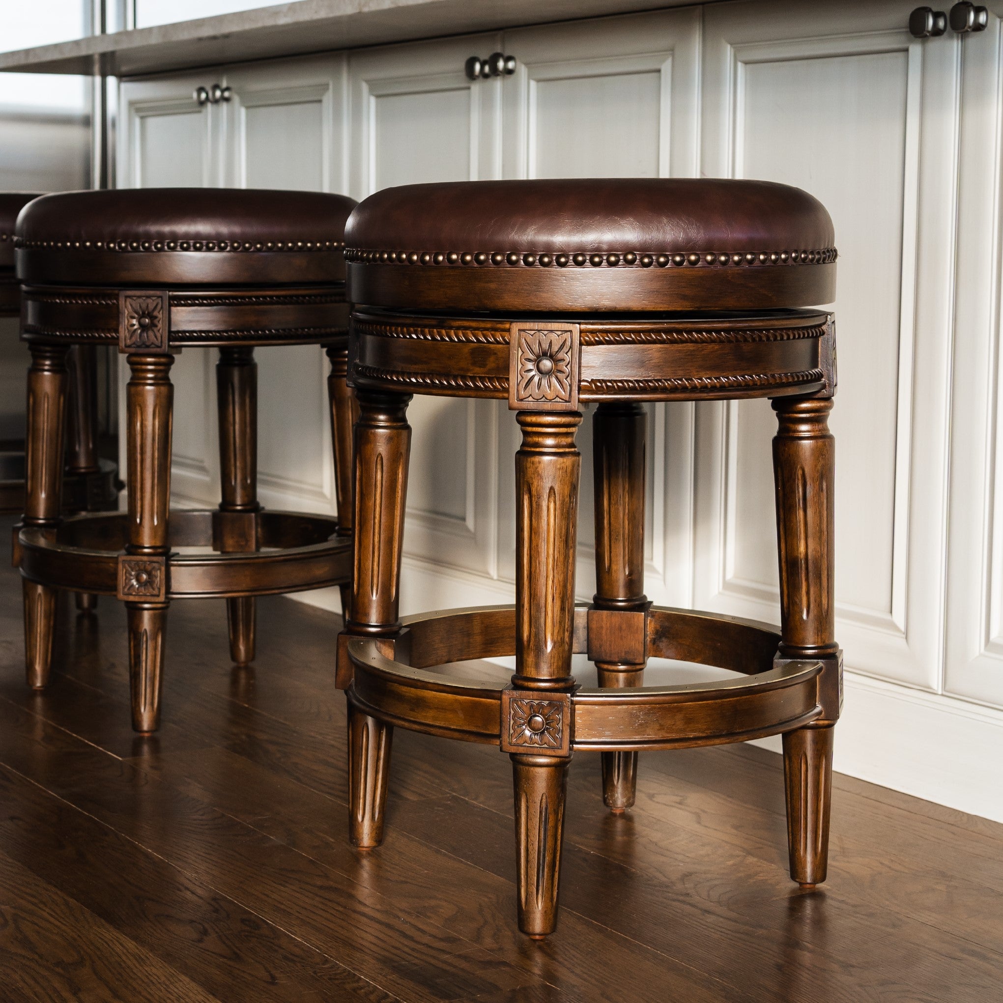 Pullman Backless Counter Stool in Dark Brown Finish with Brown Faux Leather in Stools by Maven Lane
