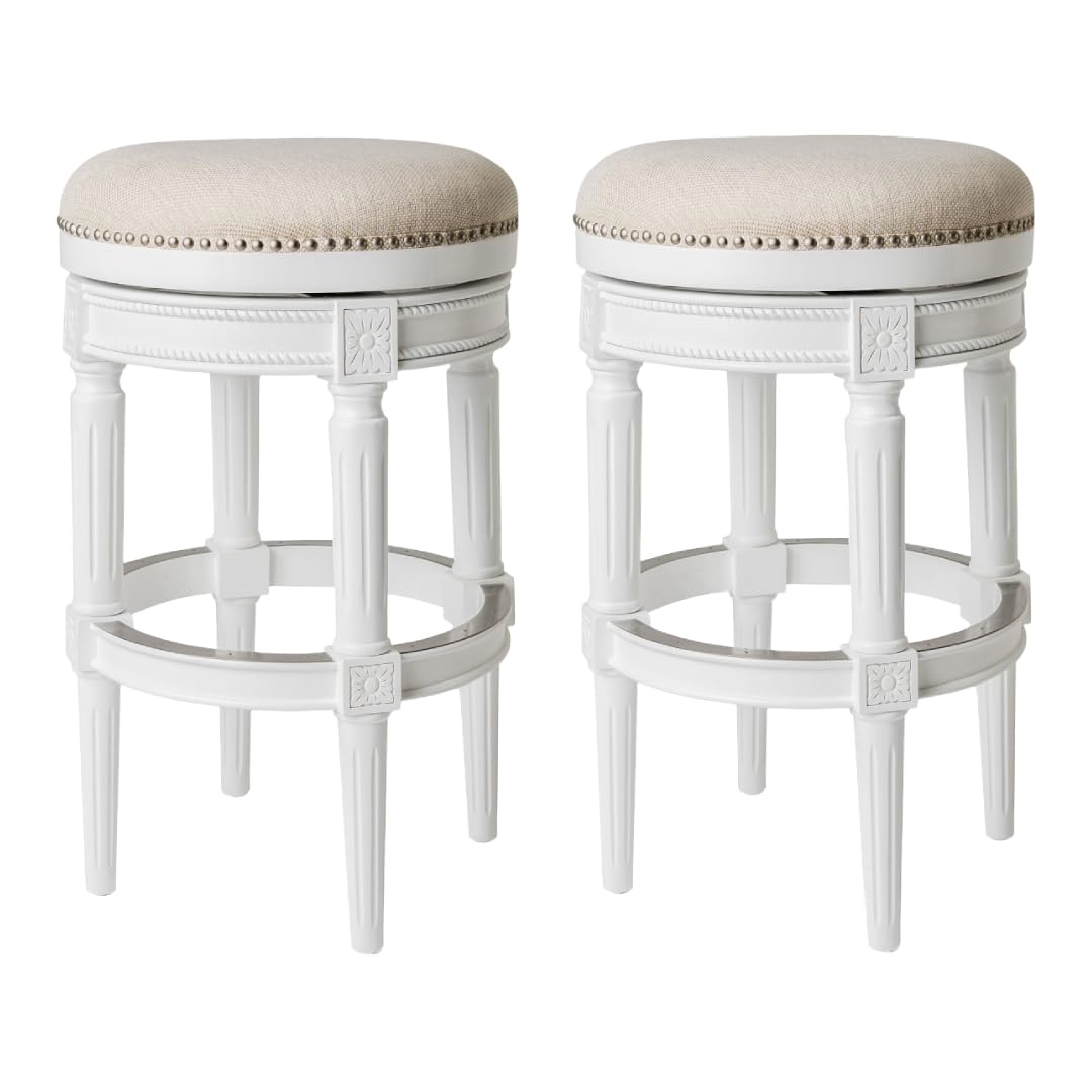 31" Pullman Backless Bar Stool in White Finish with Natural Fabric (Set of 2) in Stools by Maven Lane