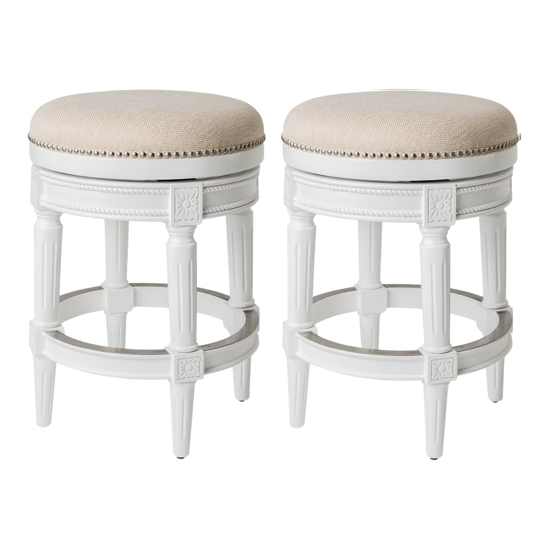 26" Pullman Backless Counter Stool in White Finish with Natural Fabric (Set of 2) in Stools by Maven Lane