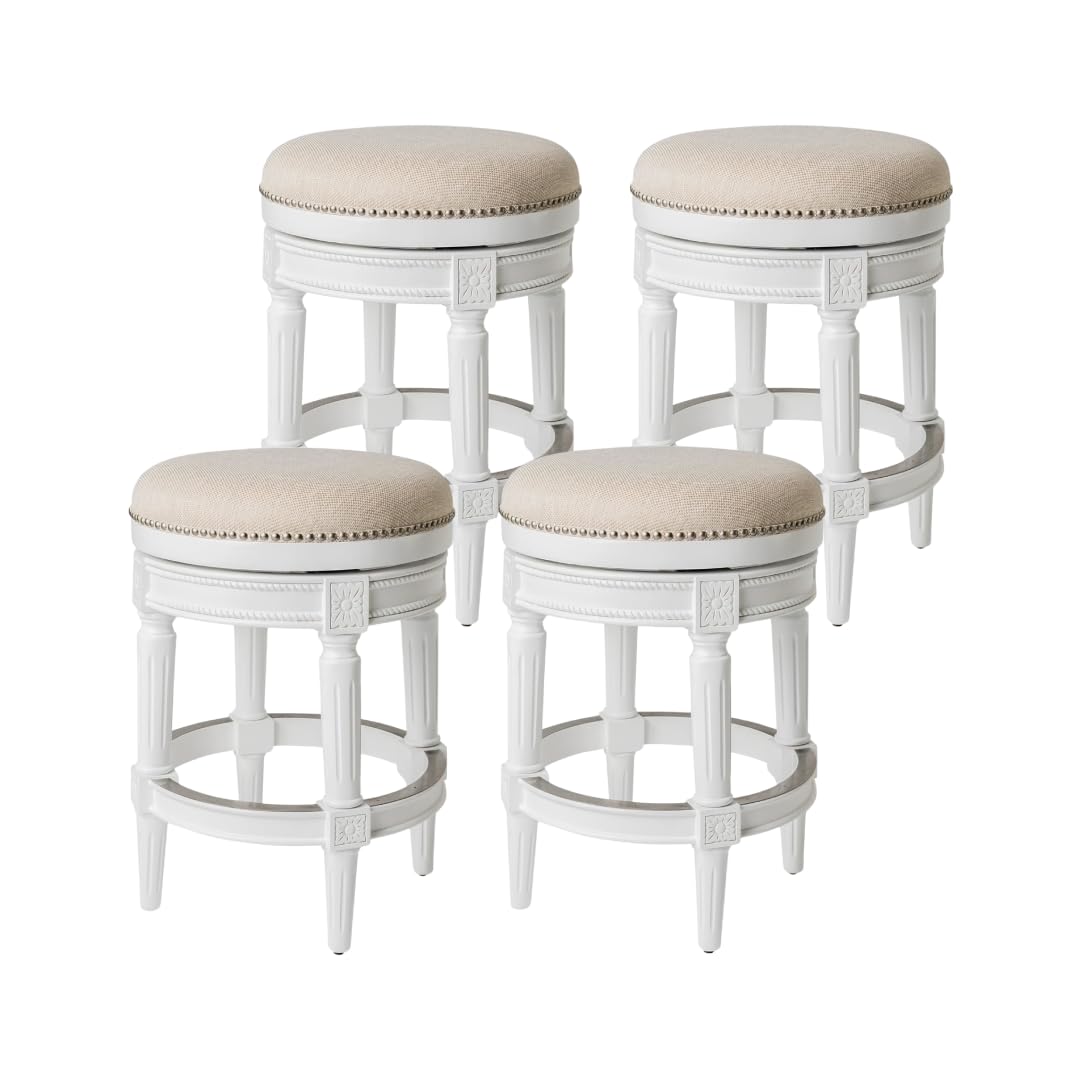26" Pullman Backless Counter Stool in White Finish with Natural Fabric (Set of 4) in Stools by Maven Lane