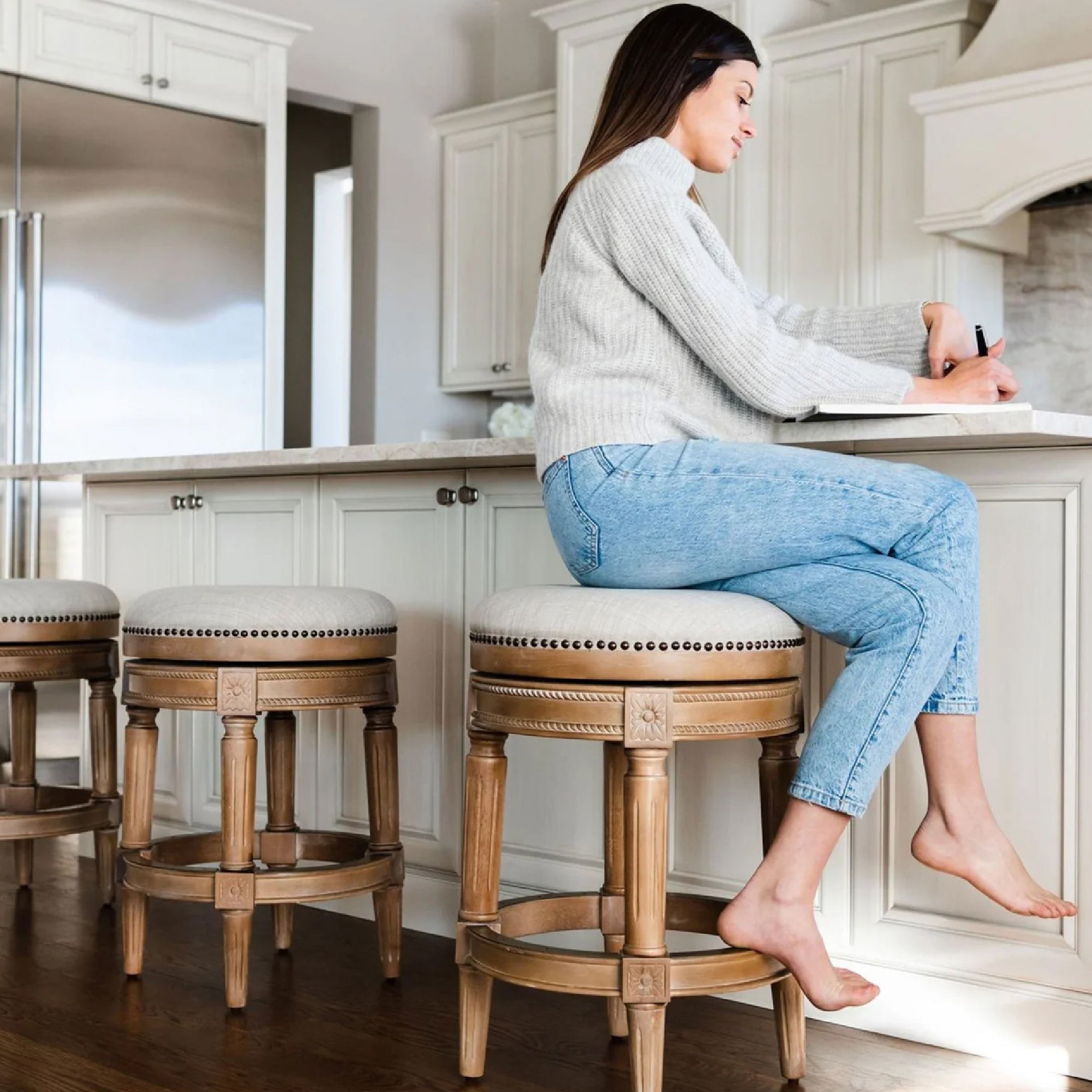 31" Pullman Backless Bar Stool in Natural Finish with Light Grey Fabric Upholstery in Stools by Maven Lane