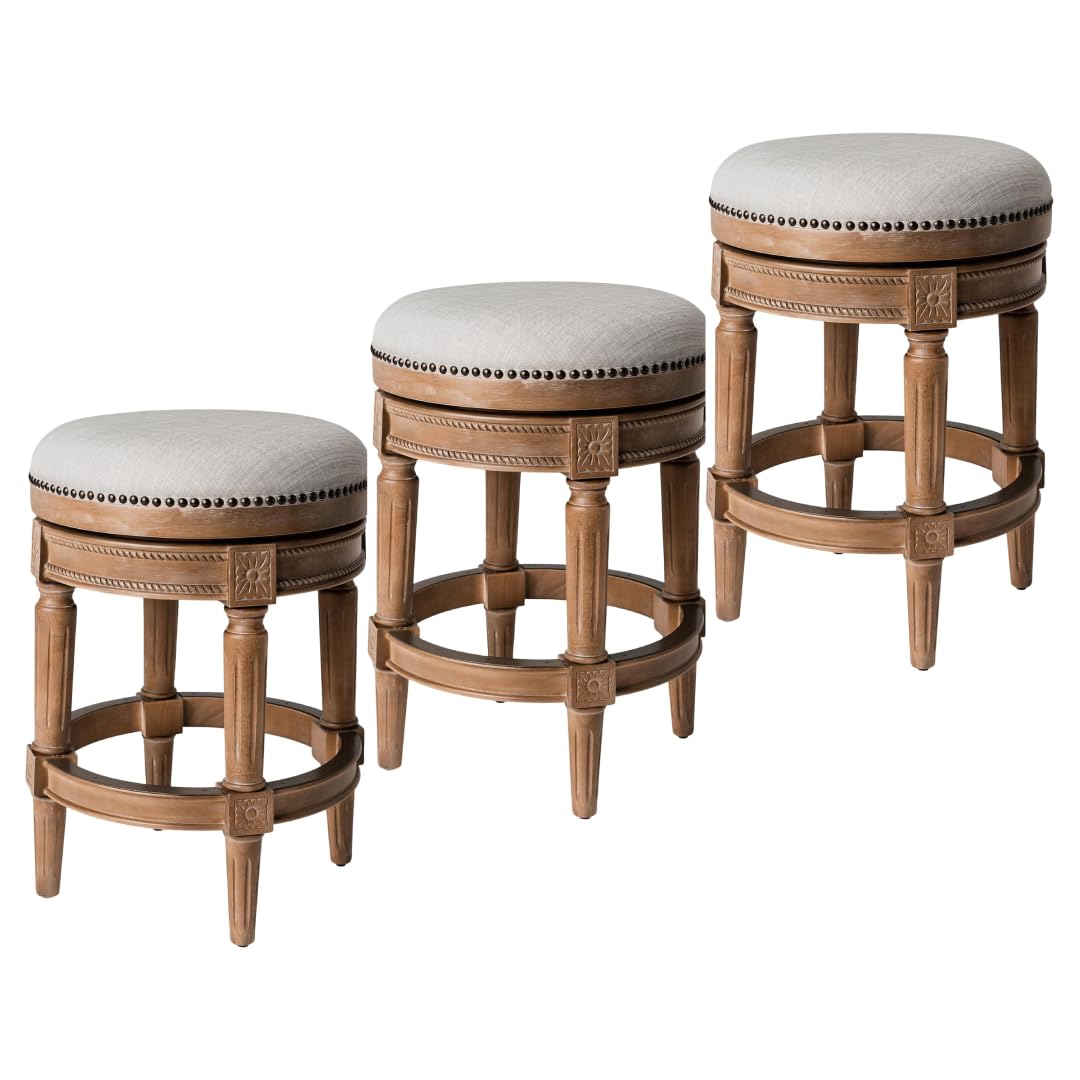 26" Pullman Backless Counter Stool in Light Brown Finish with Natural Fabric (Set of 3) in Stools by Maven Lane