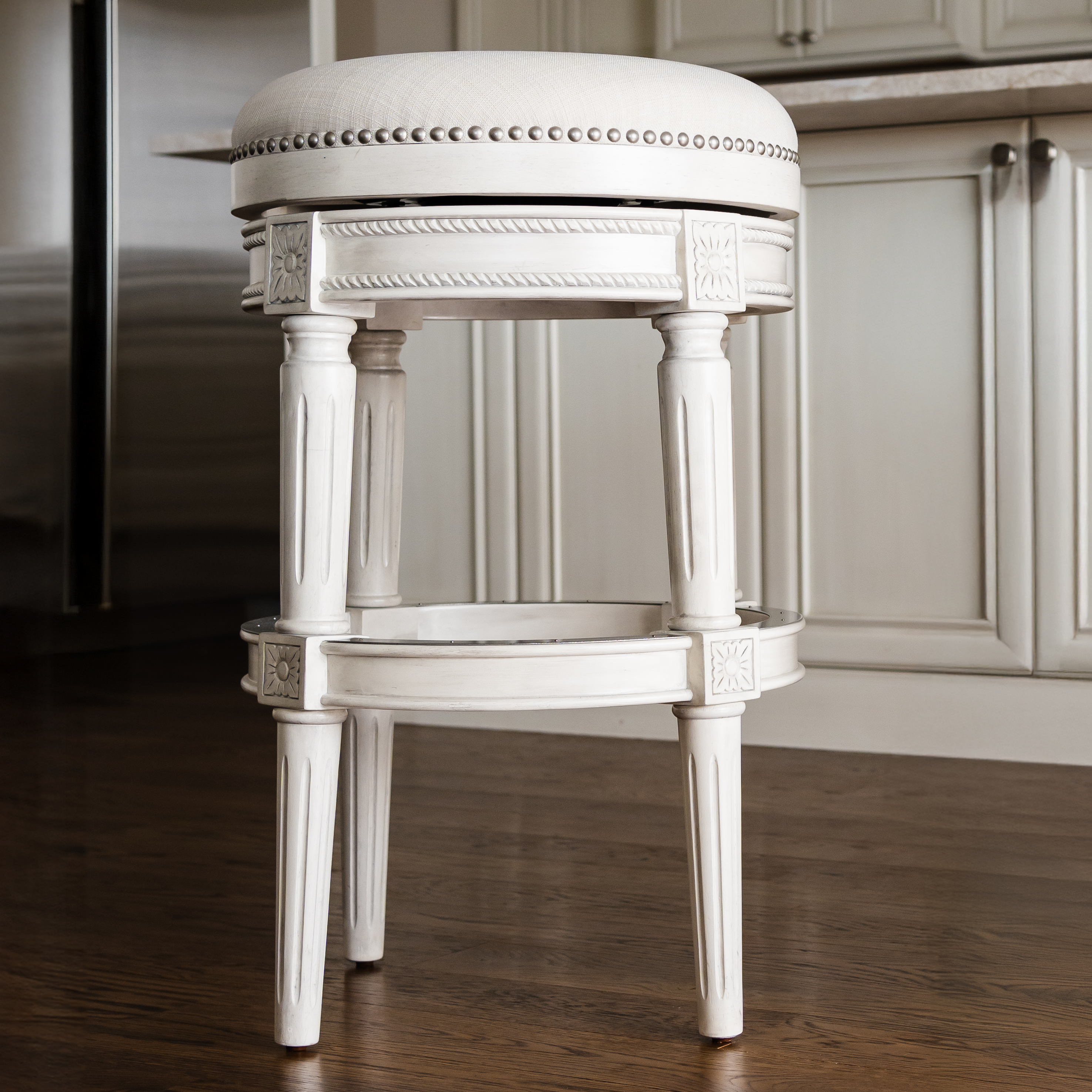 Pullman Backless Swivel Bar Stool In White Oak Finish With Natural Fabric Upholstery in Stools by Maven Lane