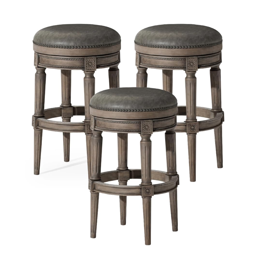 31" Pullman Backless Bar Stool in Grey Finish with Grey Faux Leather (Set of 3) in Stools by Maven Lane