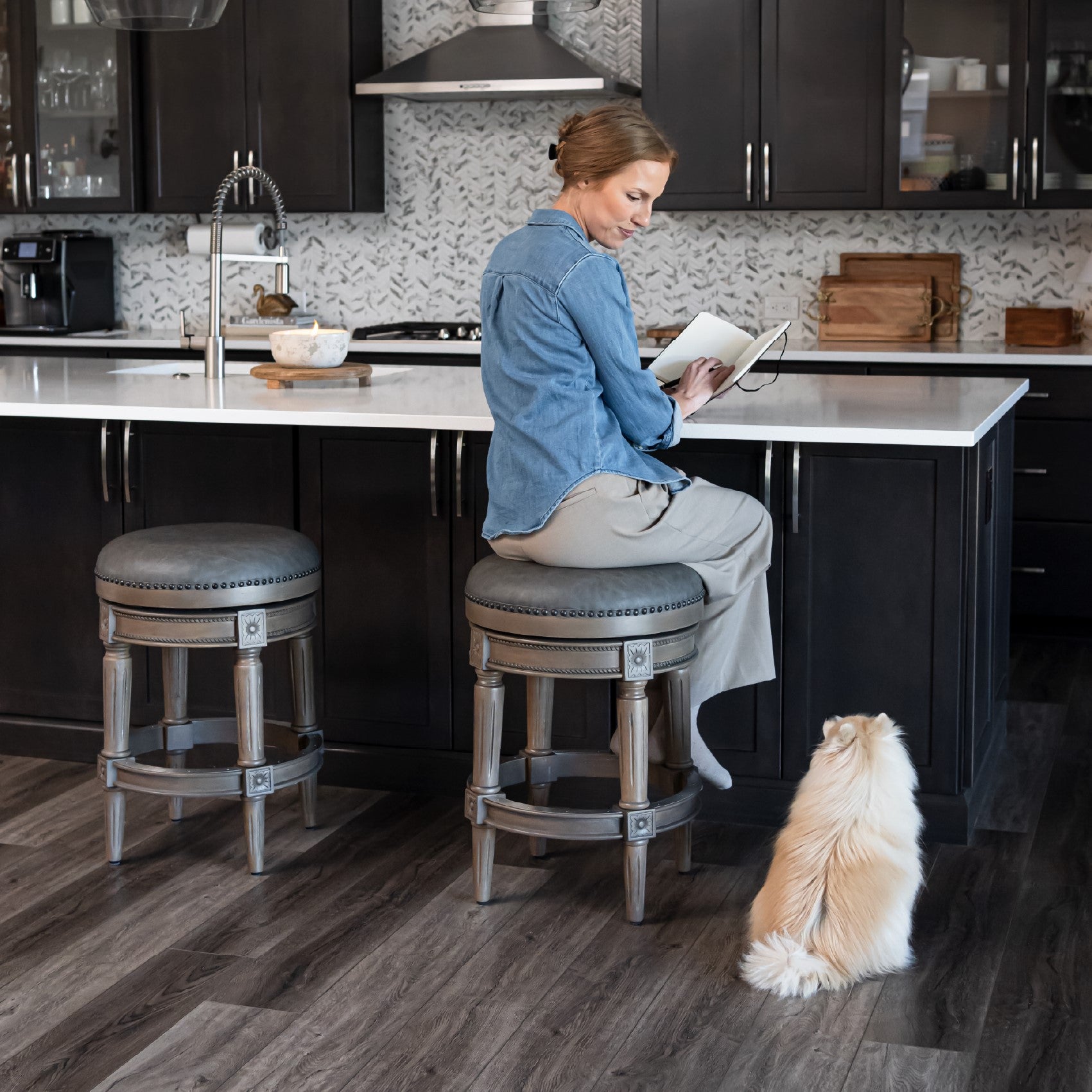 26" Pullman Backless Counter Stool in Grey Finish with Grey Faux Leather in Stools by Maven Lane