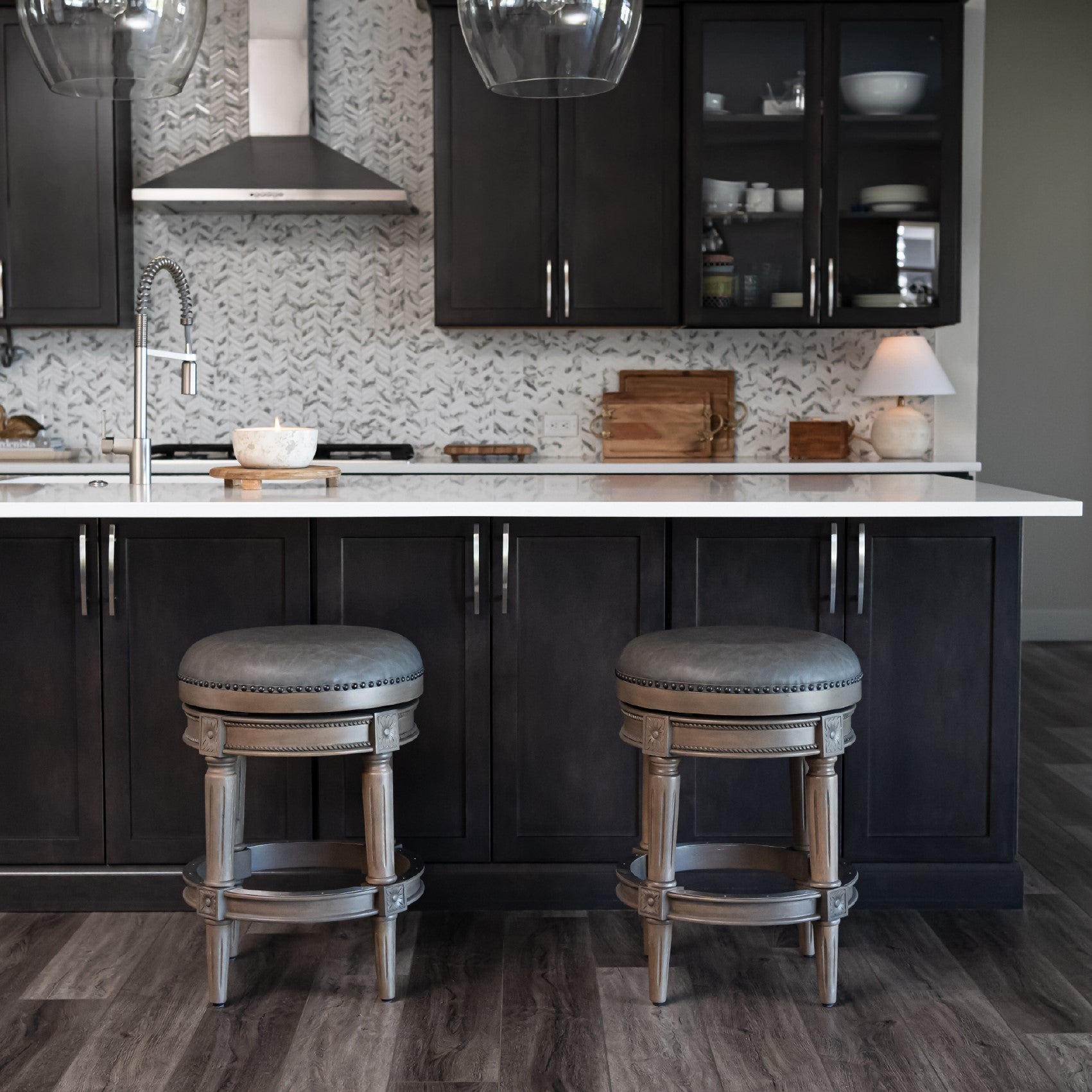 Pullman Backless Counter Stool in Grey Finish with Grey Faux Leather in Stools by Maven Lane