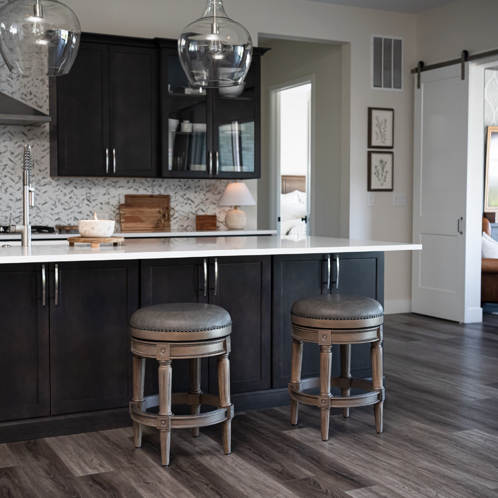 26" Pullman Backless Counter Stool in Grey Finish with Grey Faux Leather in Stools by Maven Lane