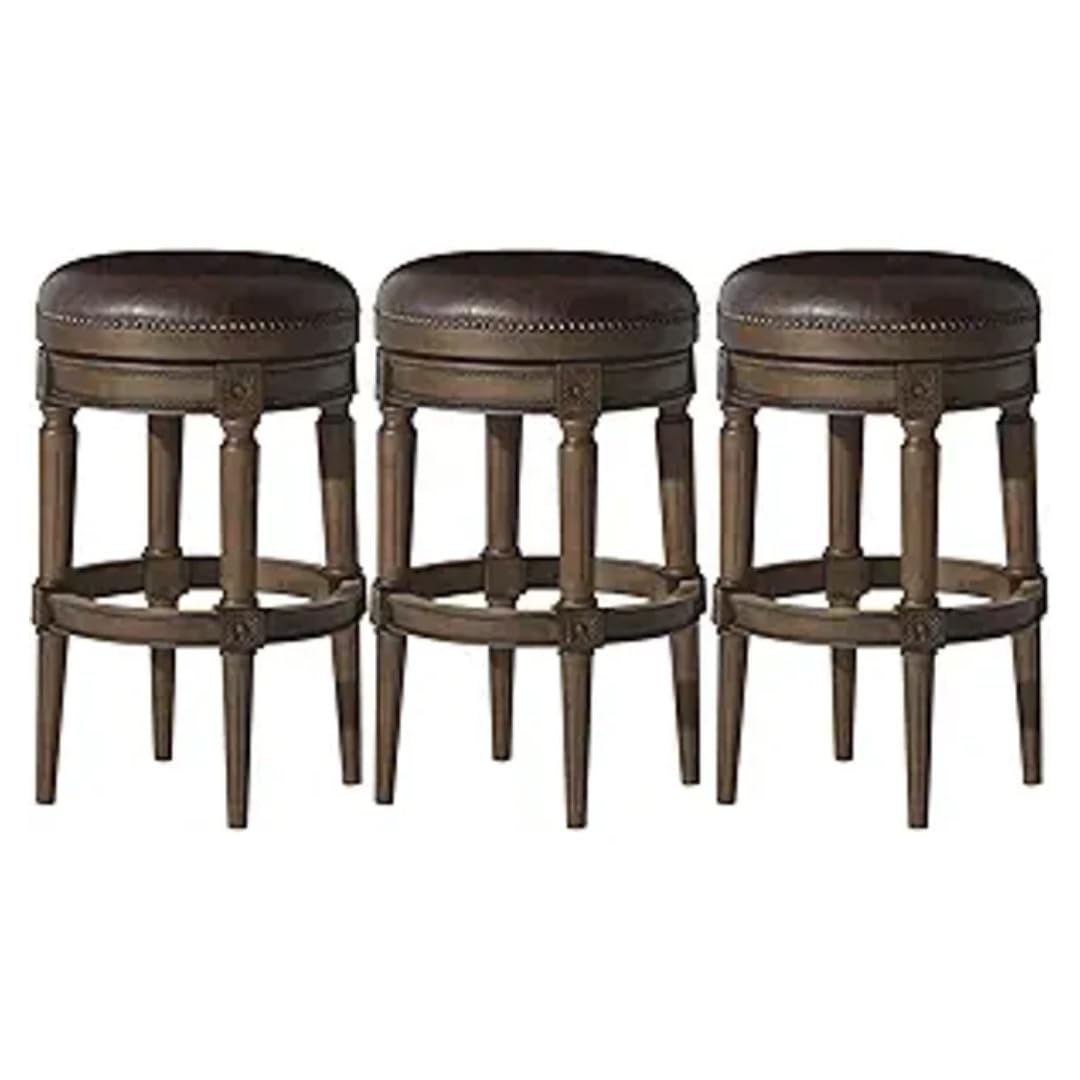 31" Pullman Backless Bar Stool in Brown Finish with Brown Faux Leather (Set of 3) in Stools by Maven Lane