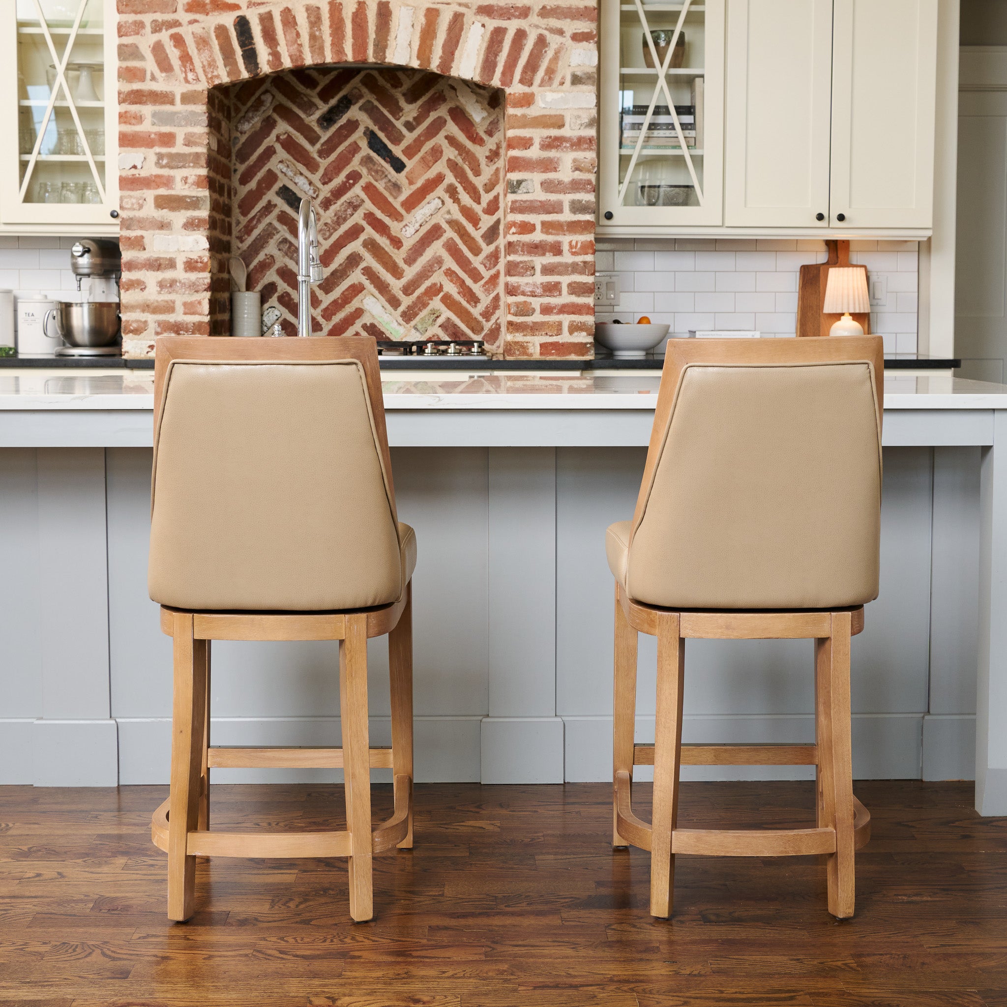 Vienna Swivel Counter Stool in Brown Finish with Beige Faux Leather in Stools by Maven Lane