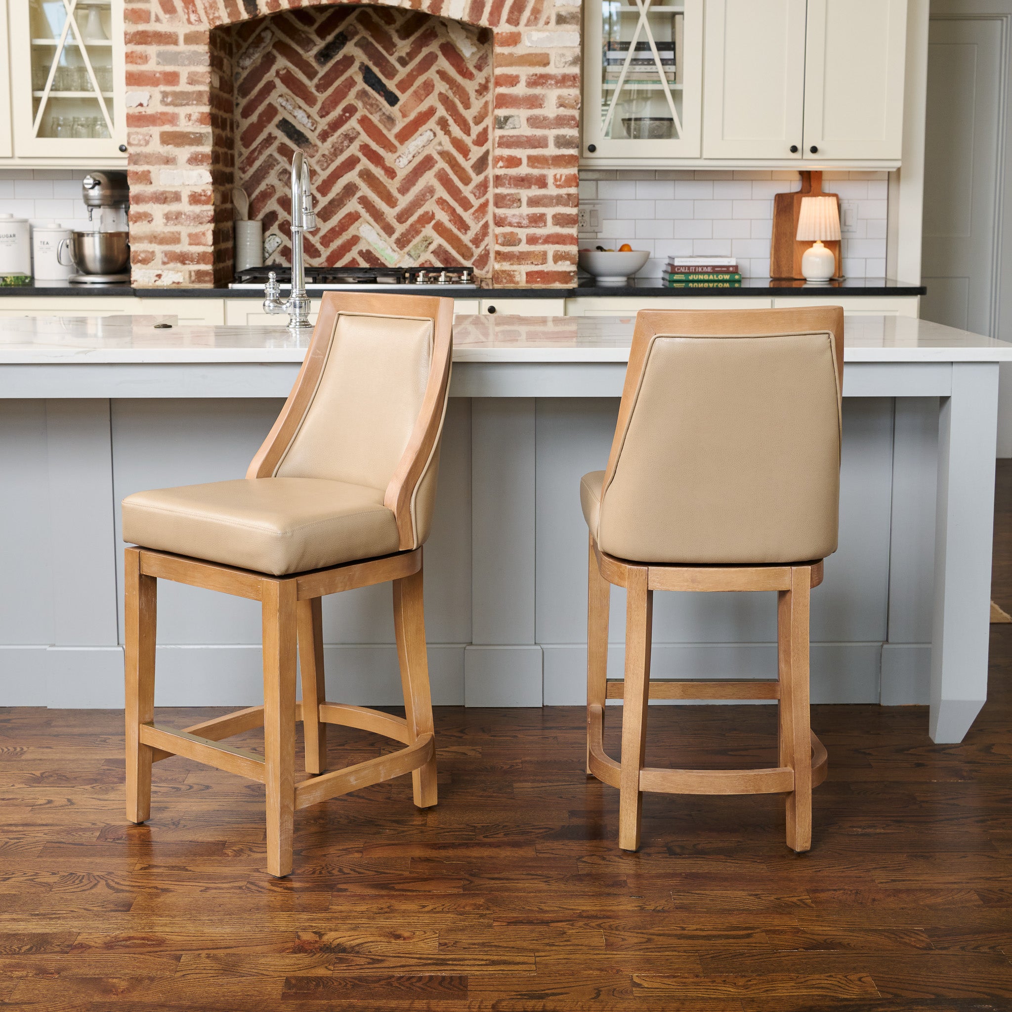 26" Vienna Swivel Counter Stool in Brown Finish with Beige Faux Leather (Set of 4) in Stools by Maven Lane