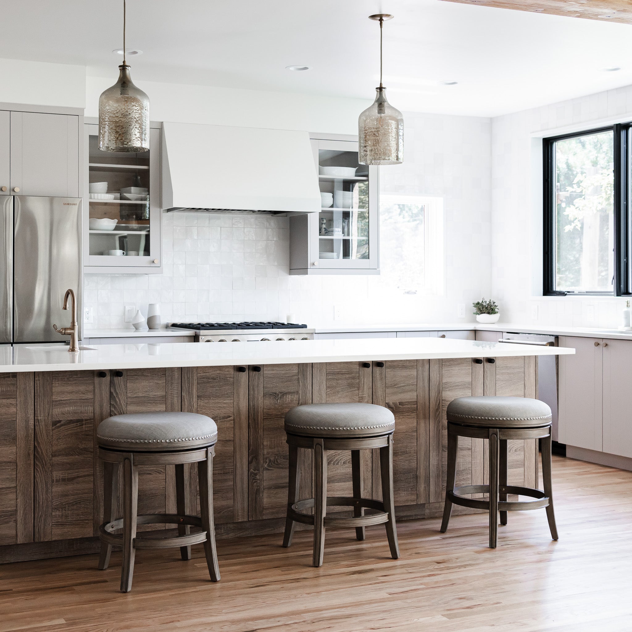 26" Alexander Backless Counter Stool in Grey Finish with Grey Fabric Upholstery in Stools by Maven Lane
