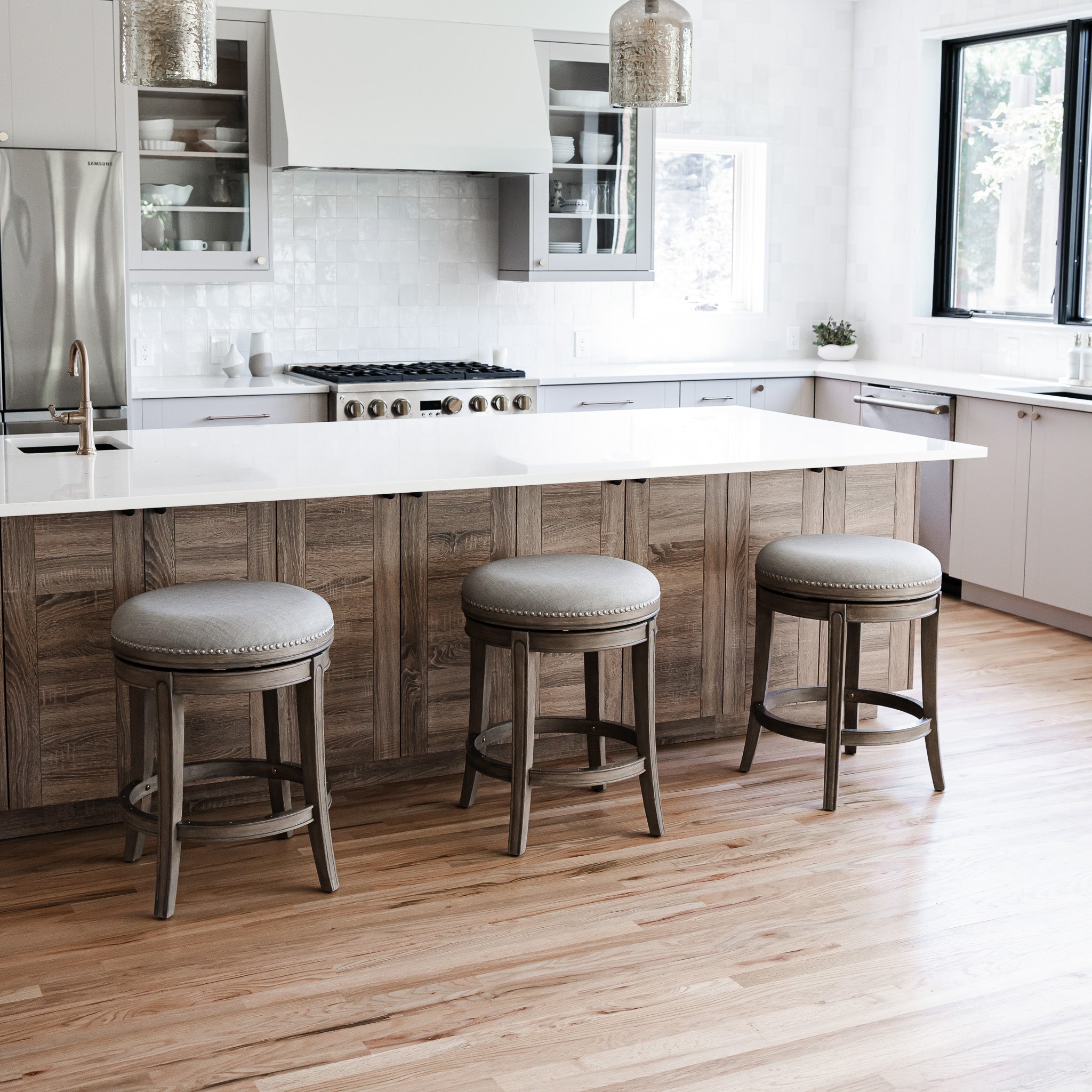 26" Alexander Backless Counter Stool in Grey Finish with Grey Fabric Upholstery in Stools by Maven Lane